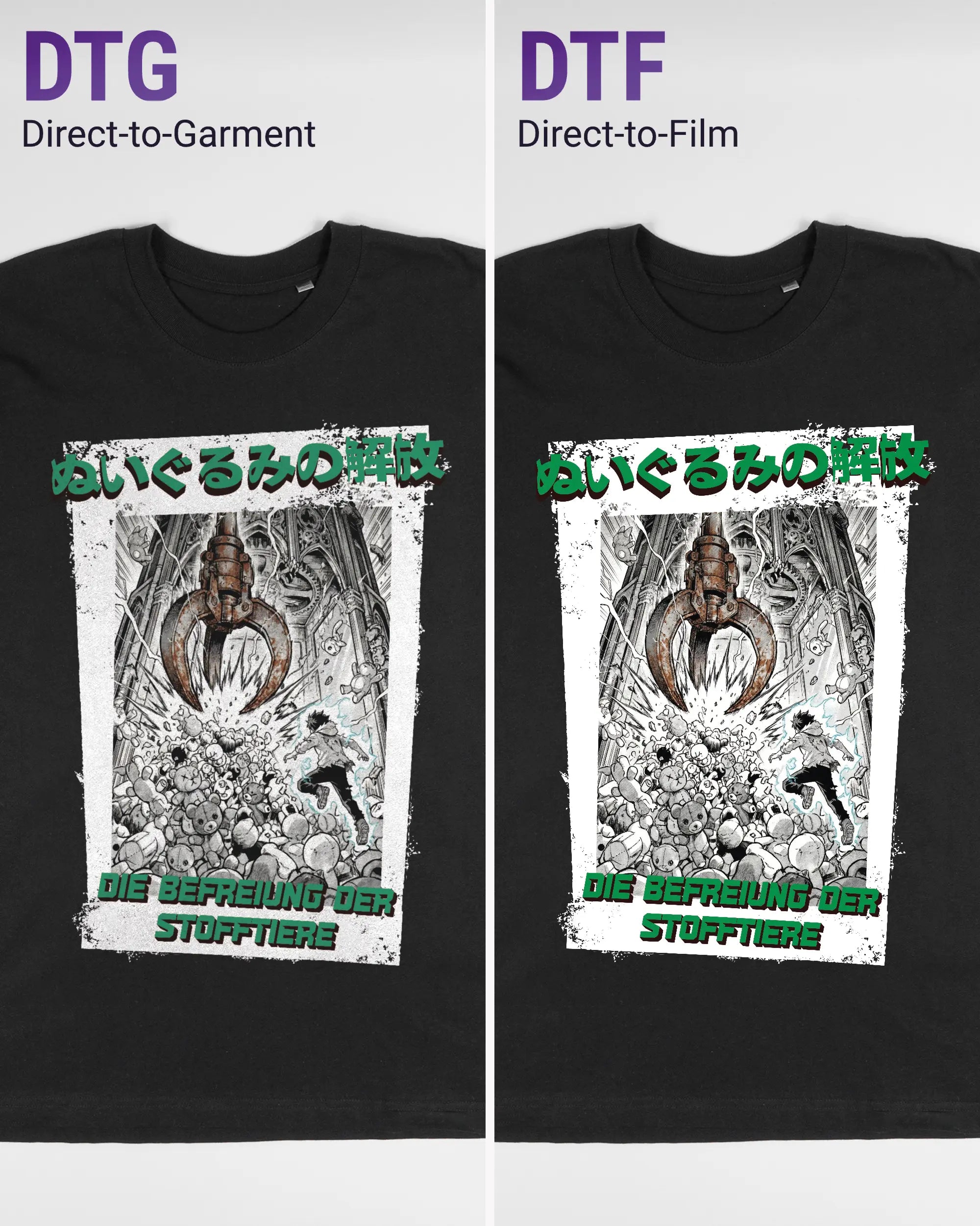 Vergleich der Vorderseiten des Basic Unisex T-Shirt Oversized von Maondo mit dem Design Save 1 Stofftier in der Farbe Black und in der Größe L links mit dem Direct-to-Garment und rechts mit dem Direct-to-Film Verfahren