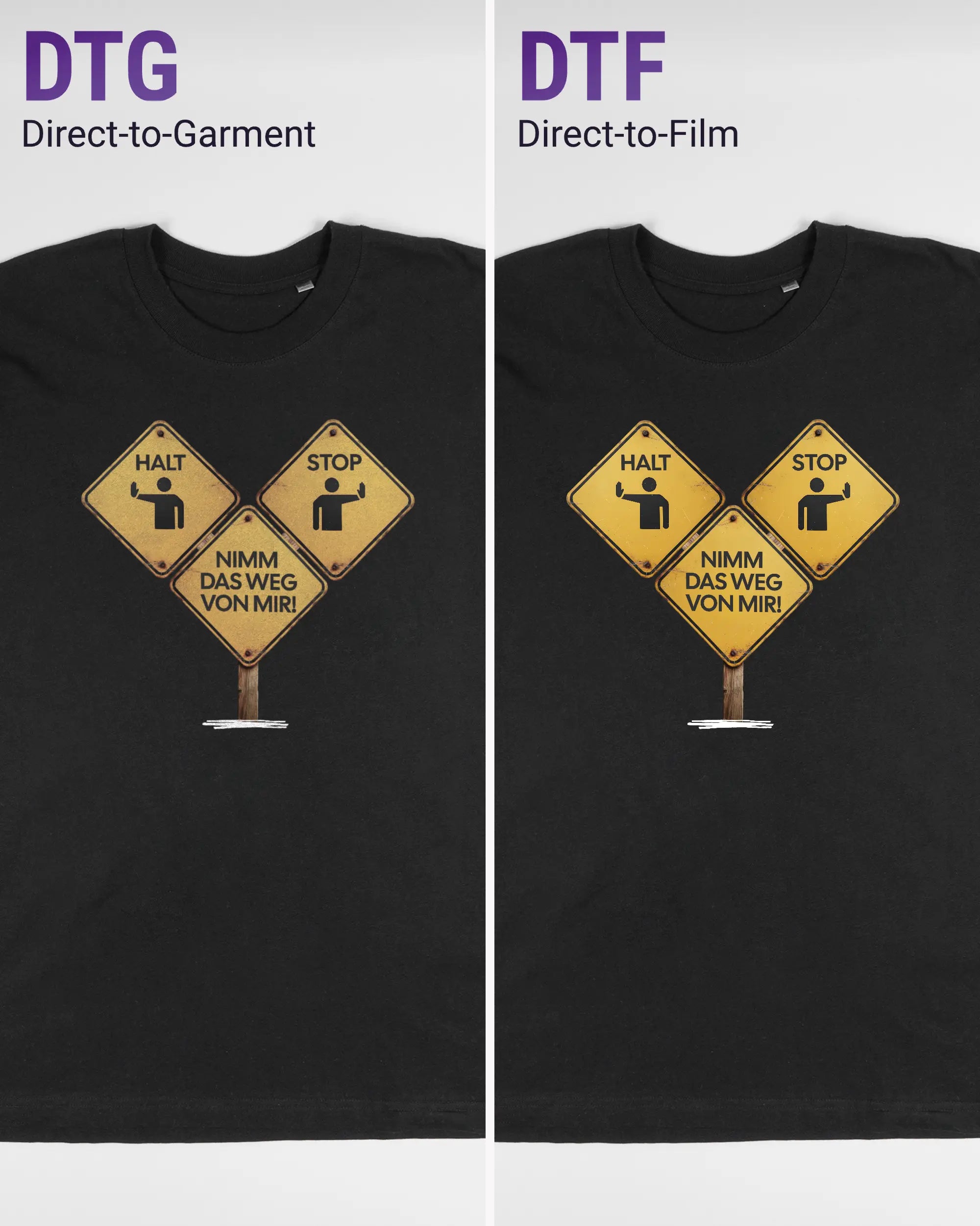 Vergleich der Vorderseiten des Basic Unisex T-Shirt Oversized von Maondo mit dem Design Schutzschild in der Farbe Black und in der Größe L links mit dem Direct-to-Garment und rechts mit dem Direct-to-Film Verfahren