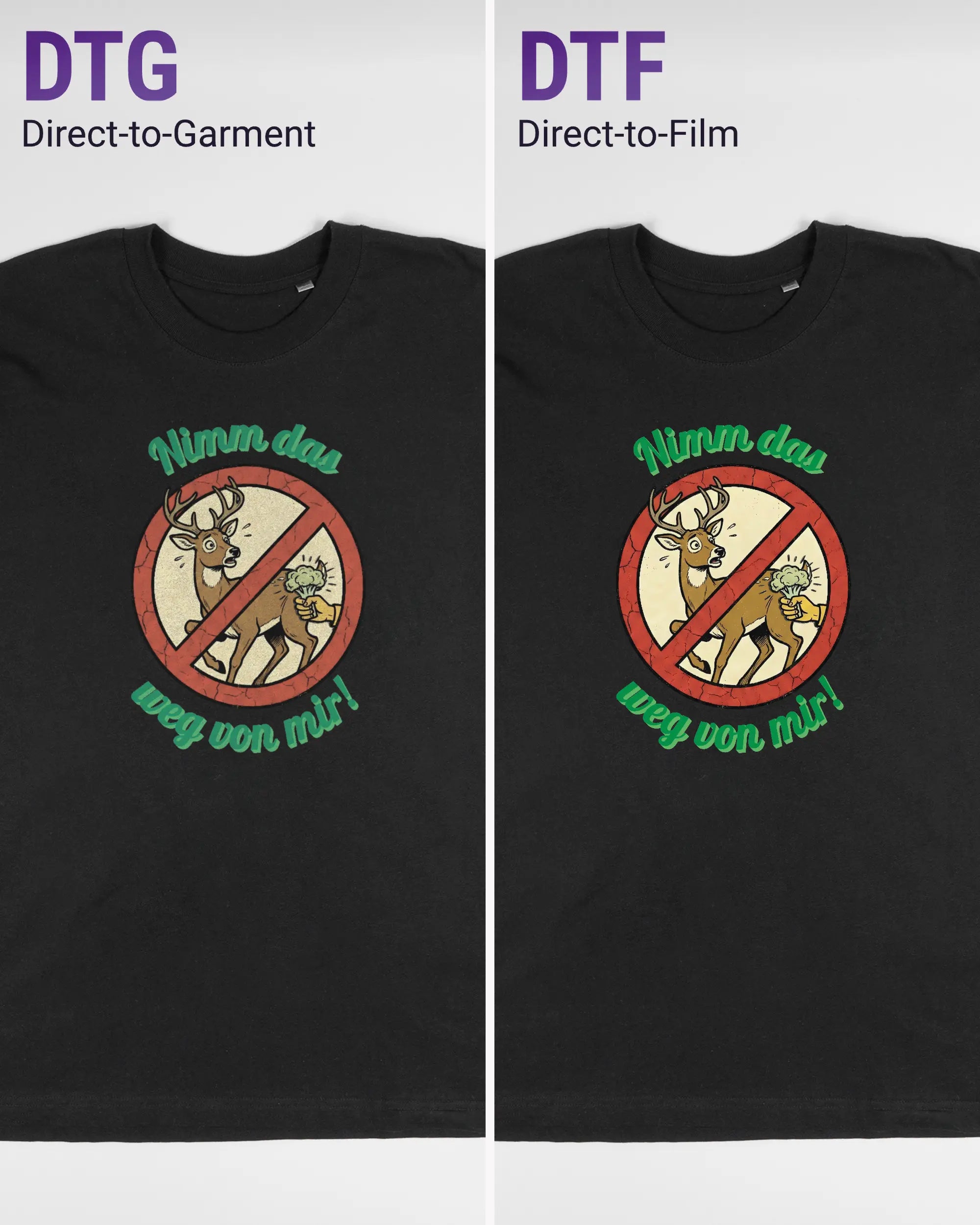 Vergleich der Vorderseiten des Basic Unisex T-Shirt Oversized von Maondo mit dem Design Reh weg in der Farbe Black und in der Größe L links mit dem Direct-to-Garment und rechts mit dem Direct-to-Film Verfahren