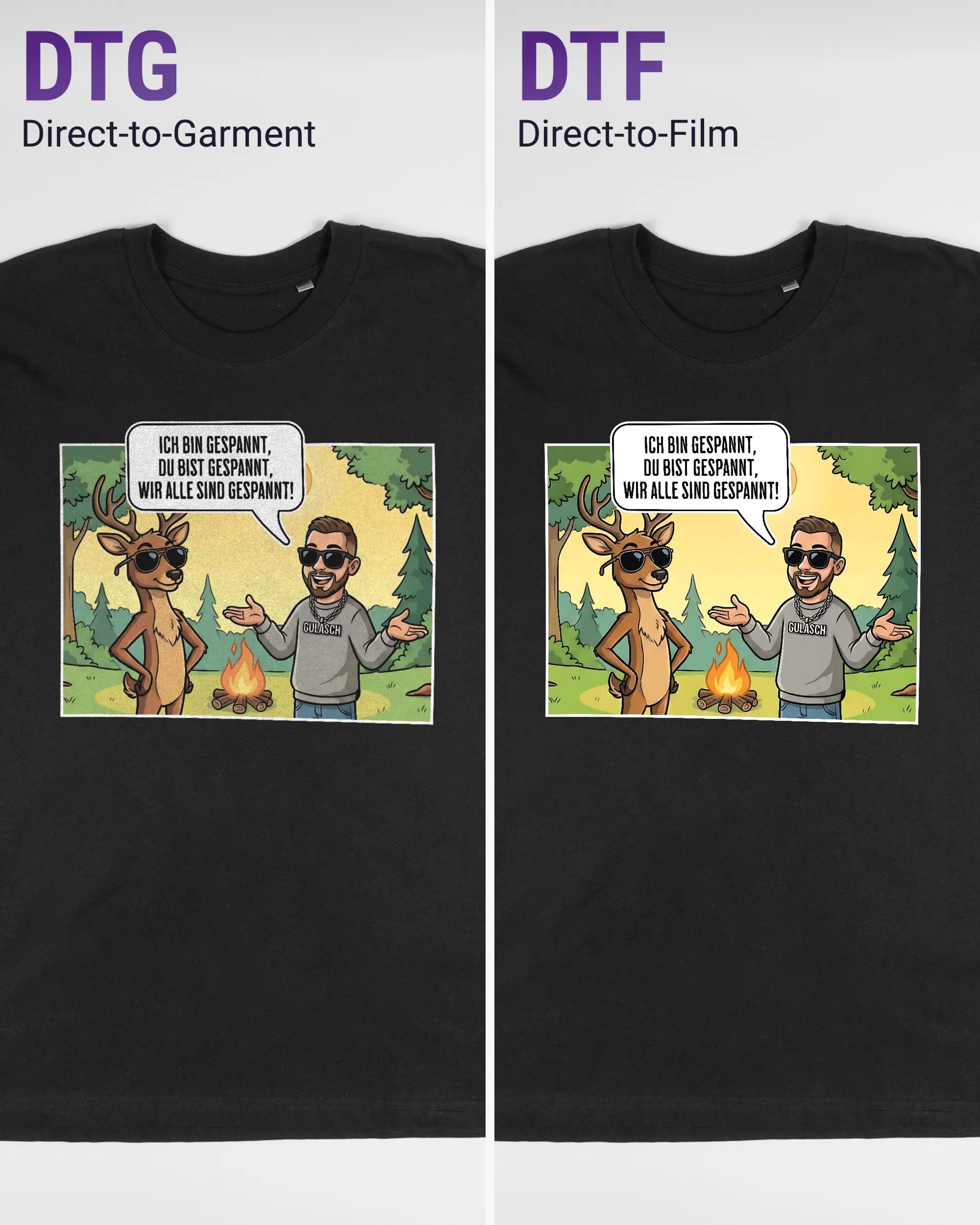 Vergleich der Vorderseiten des Basic Unisex T-Shirt Oversized von Maondo mit dem Design Vollspannung in der Farbe Black und in der Größe L links mit dem Direct-to-Garment und rechts mit dem Direct-to-Film Verfahren