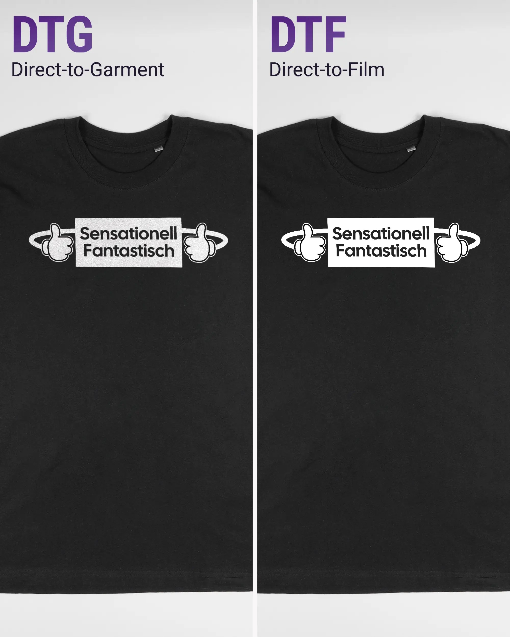 Vergleich der Vorderseiten des Basic Unisex T-Shirt Oversized von Maondo mit dem Design Fantastisch in der Farbe Black und in der Größe L links mit dem Direct-to-Garment und rechts mit dem Direct-to-Film Verfahren