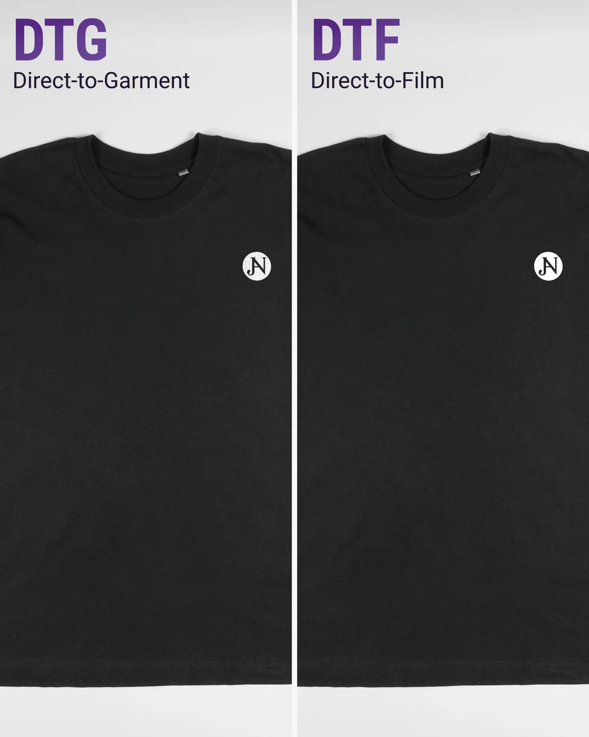 Vergleich der Vorderseiten des Basic Unisex T-Shirt Oversized von Maondo mit dem Design JB1 in der Farbe Black und in der Größe L links mit dem Direct-to-Garment und rechts mit dem Direct-to-Film Verfahren