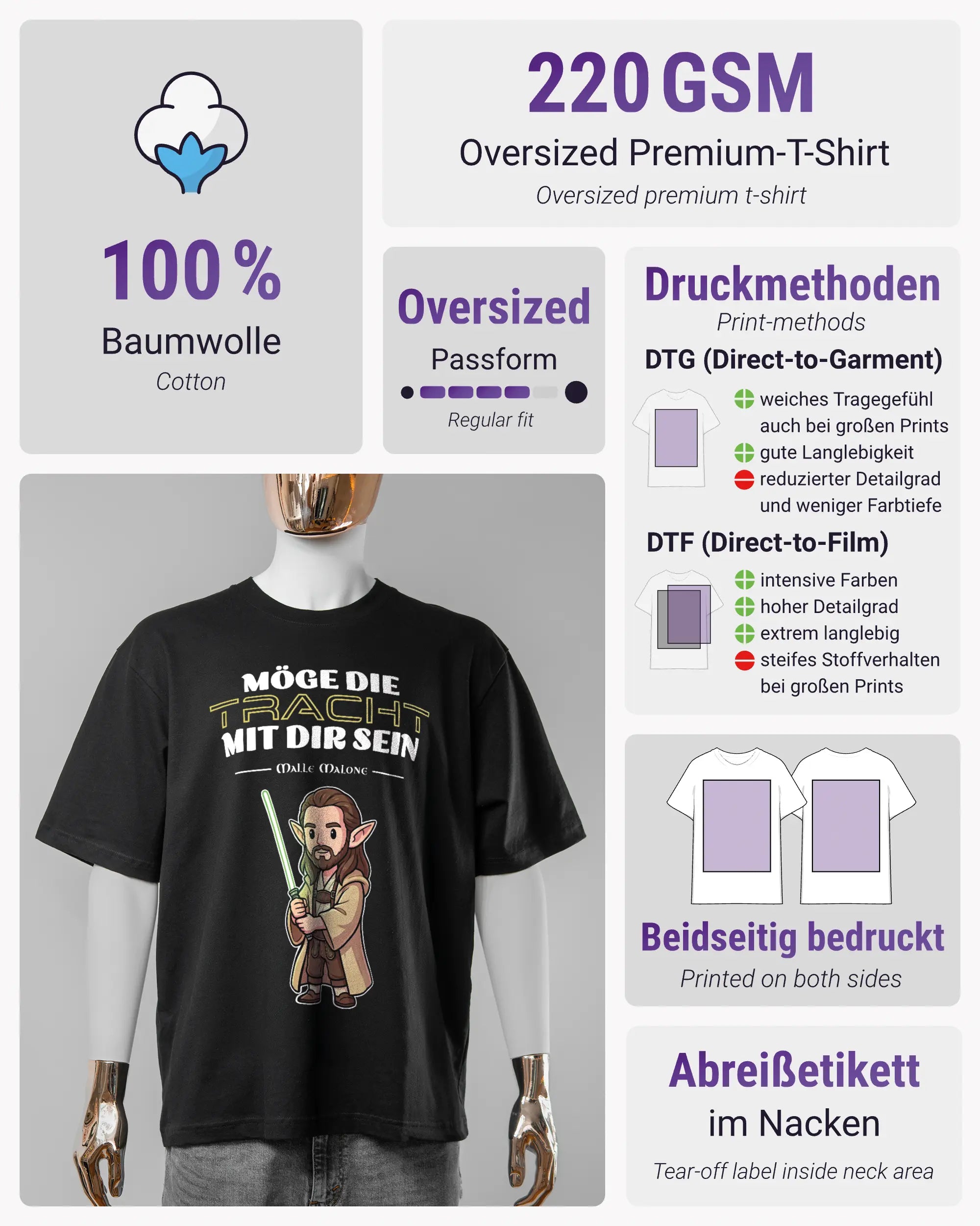Produktinformationsblatt des Basic Unisex T-Shirt Oversized von Maondo mit dem Design Tracht mit dir vorne in der Farbe Black und in der Größe S