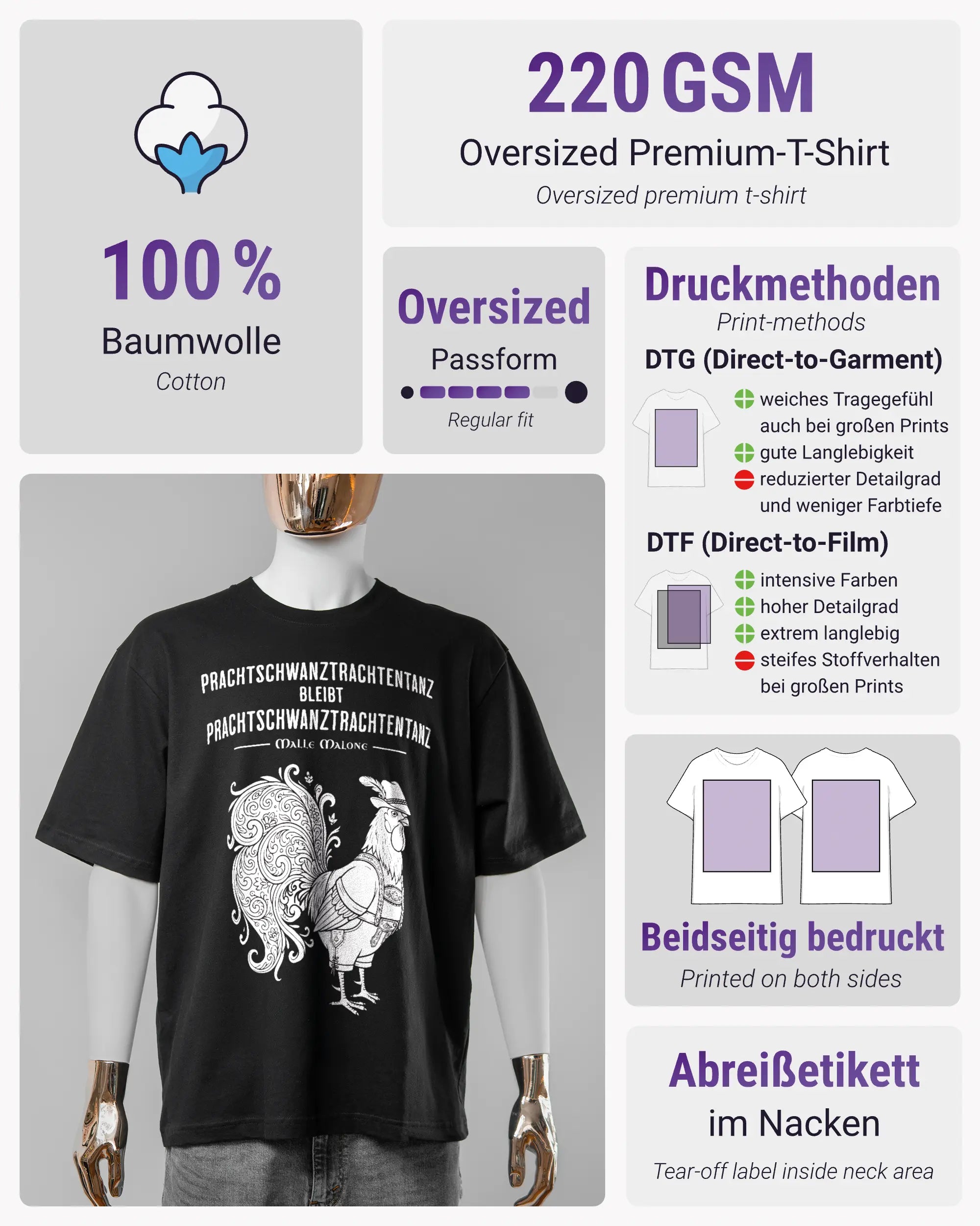 Produktinformationsblatt des Basic Unisex T-Shirt Oversized von Maondo mit dem Design Trachtentanz vorne in der Farbe Black und in der Größe S