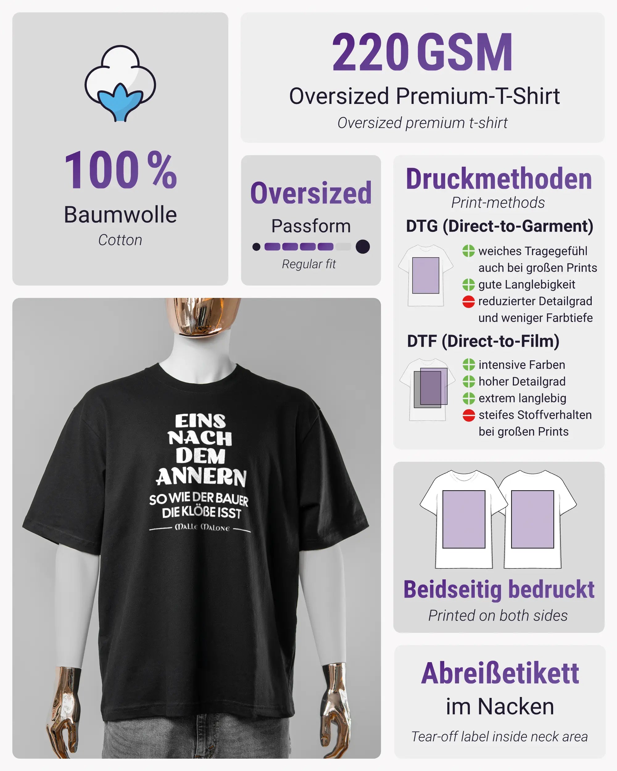 Produktinformationsblatt des Basic Unisex T-Shirt Oversized von Maondo mit dem Design Eins nach dem Annern vorne in der Farbe Black und in der Größe S