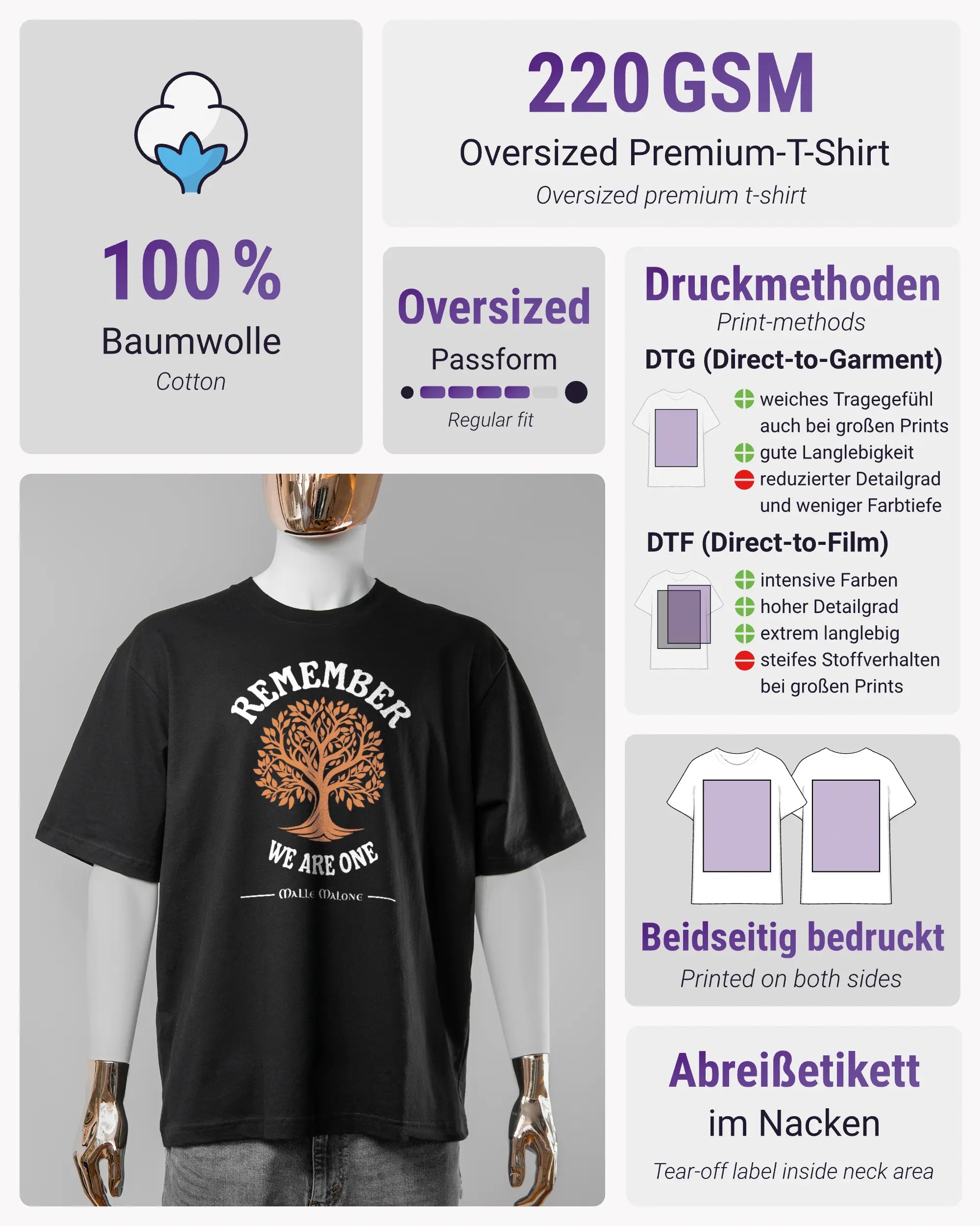 Produktinformationsblatt des Basic Unisex T-Shirt Oversized von Maondo mit dem Design We are one vorne in der Farbe Black und in der Größe S