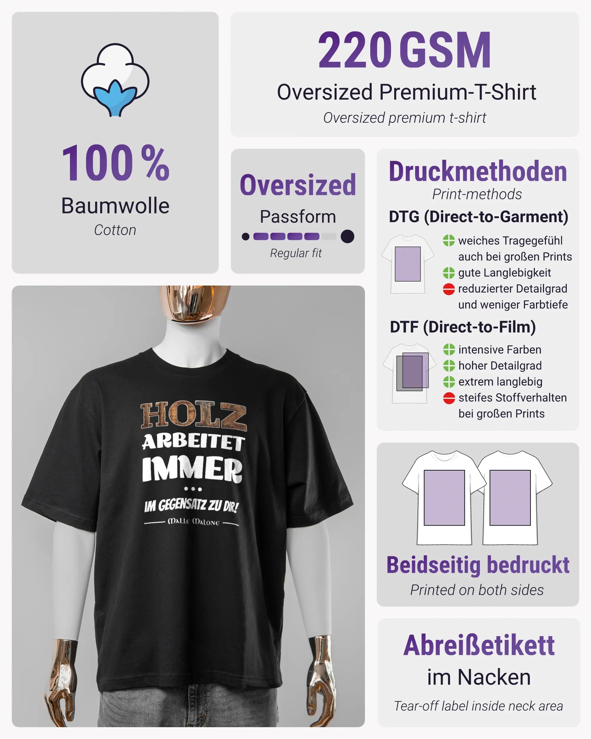 Produktinformationsblatt des Basic Unisex T-Shirt Oversized von Maondo mit dem Design Holzarbeit vorne in der Farbe Black und in der Größe S
