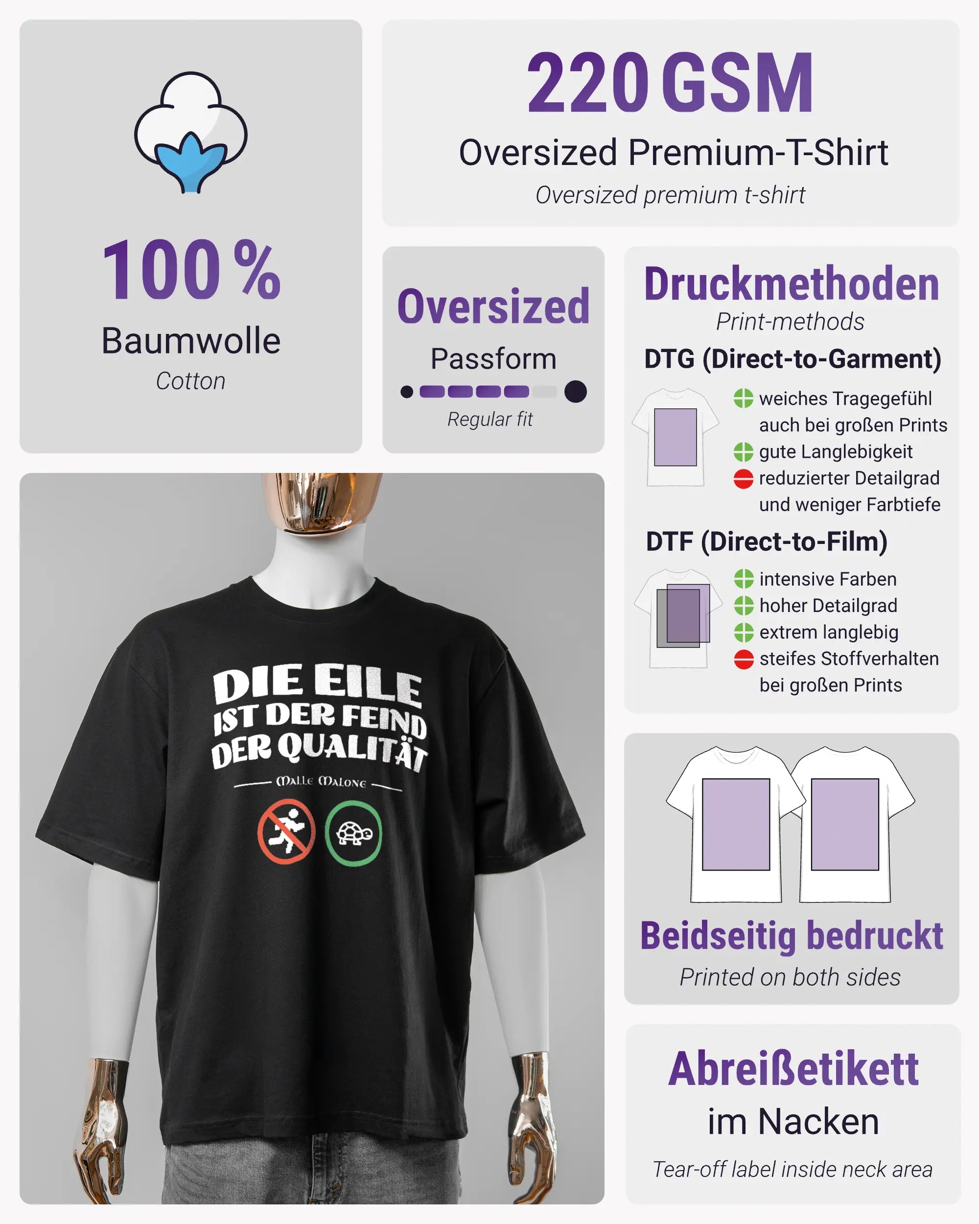 Produktinformationsblatt des Basic Unisex T-Shirt Oversized von Maondo mit dem Design Keine Eile vorne in der Farbe Black und in der Größe S