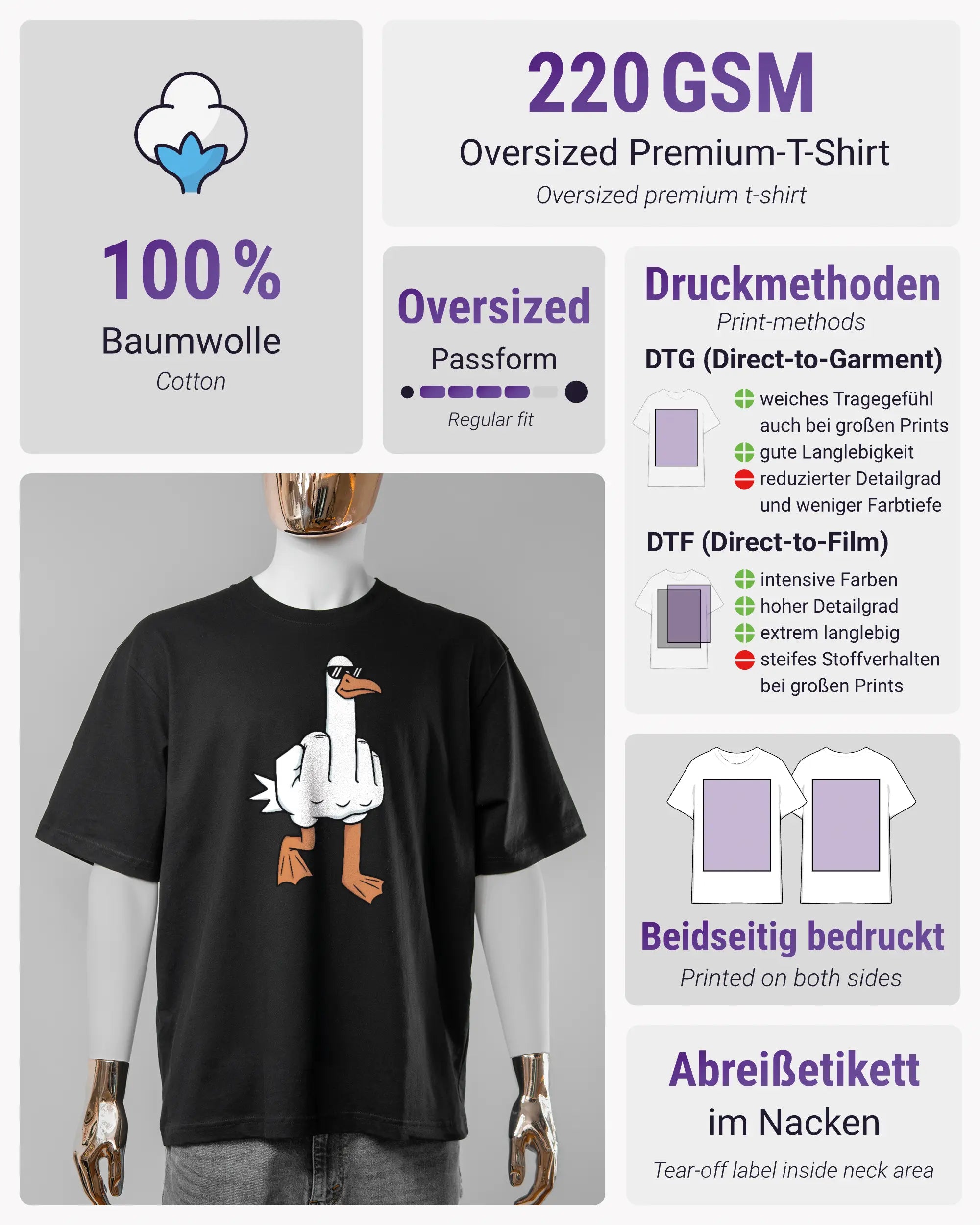 Produktinformationsblatt des Basic Unisex T-Shirt Oversized von Maondo mit dem Design I give a duck vorne in der Farbe Black und in der Größe S
