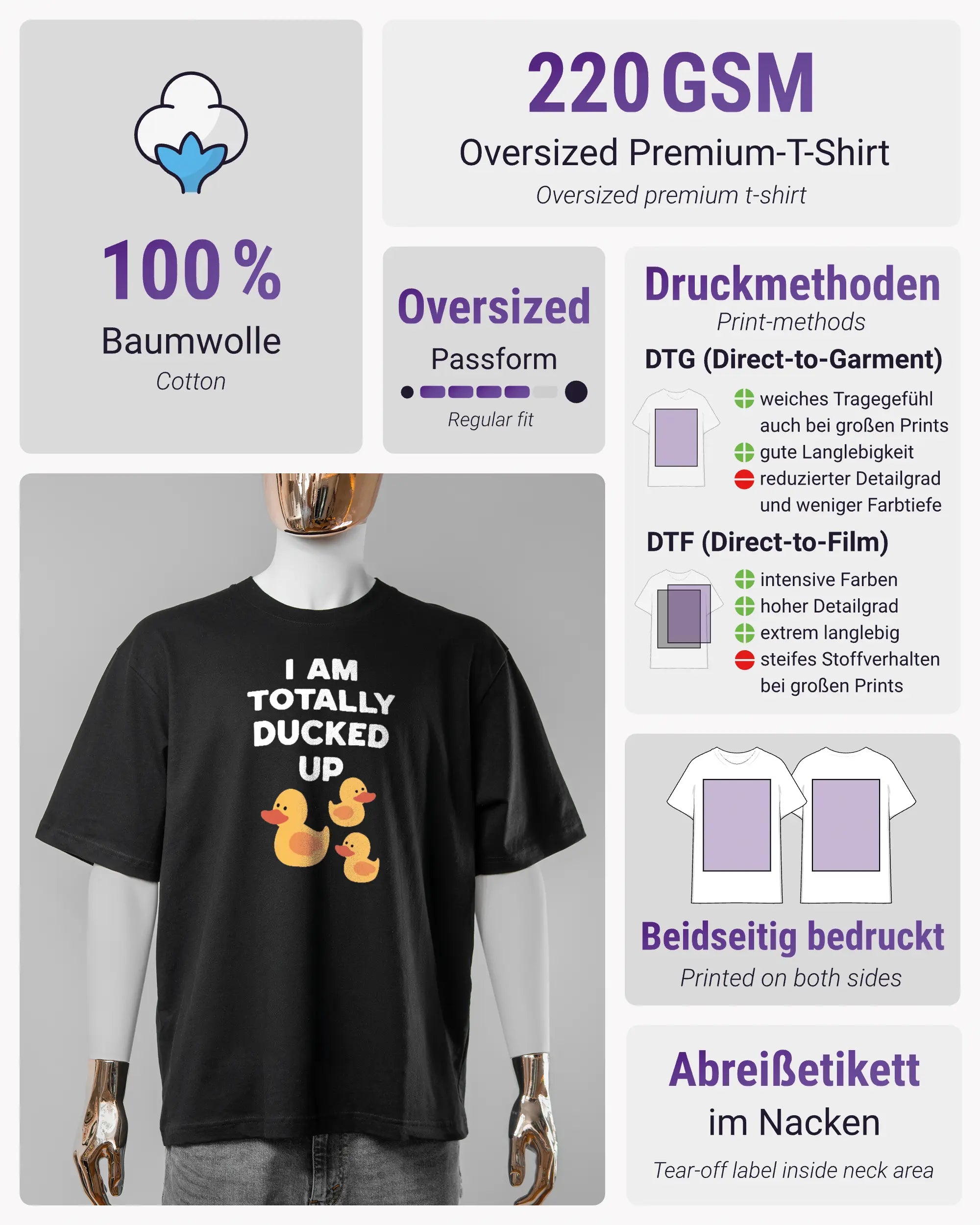 Produktinformationsblatt des Basic Unisex T-Shirt Oversized von Maondo mit dem Design Ducked Up vorne in der Farbe Black und in der Größe S