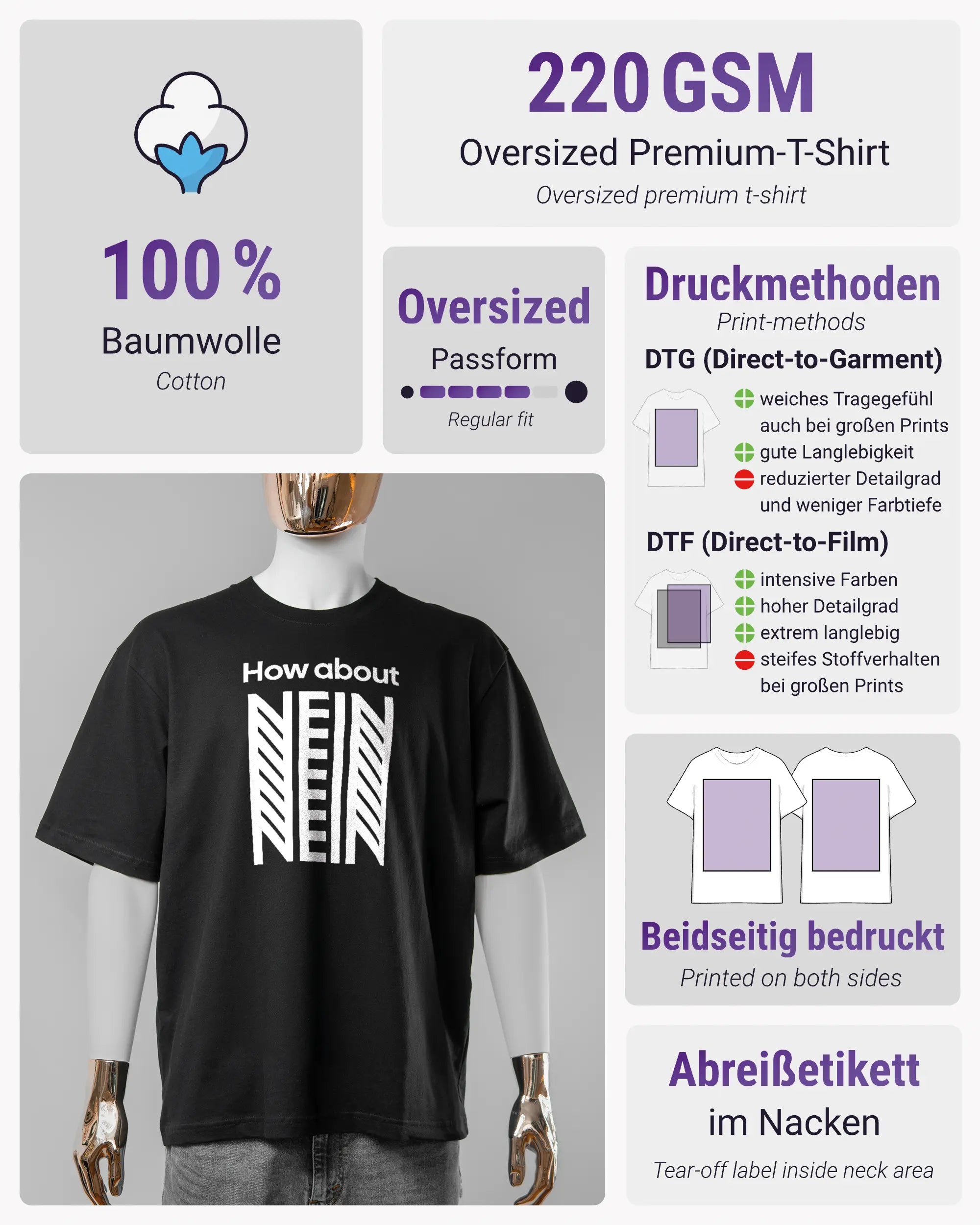 Produktinformationsblatt des Basic Unisex T-Shirt Oversized von Maondo mit dem Design How about nein vorne in der Farbe Black und in der Größe S