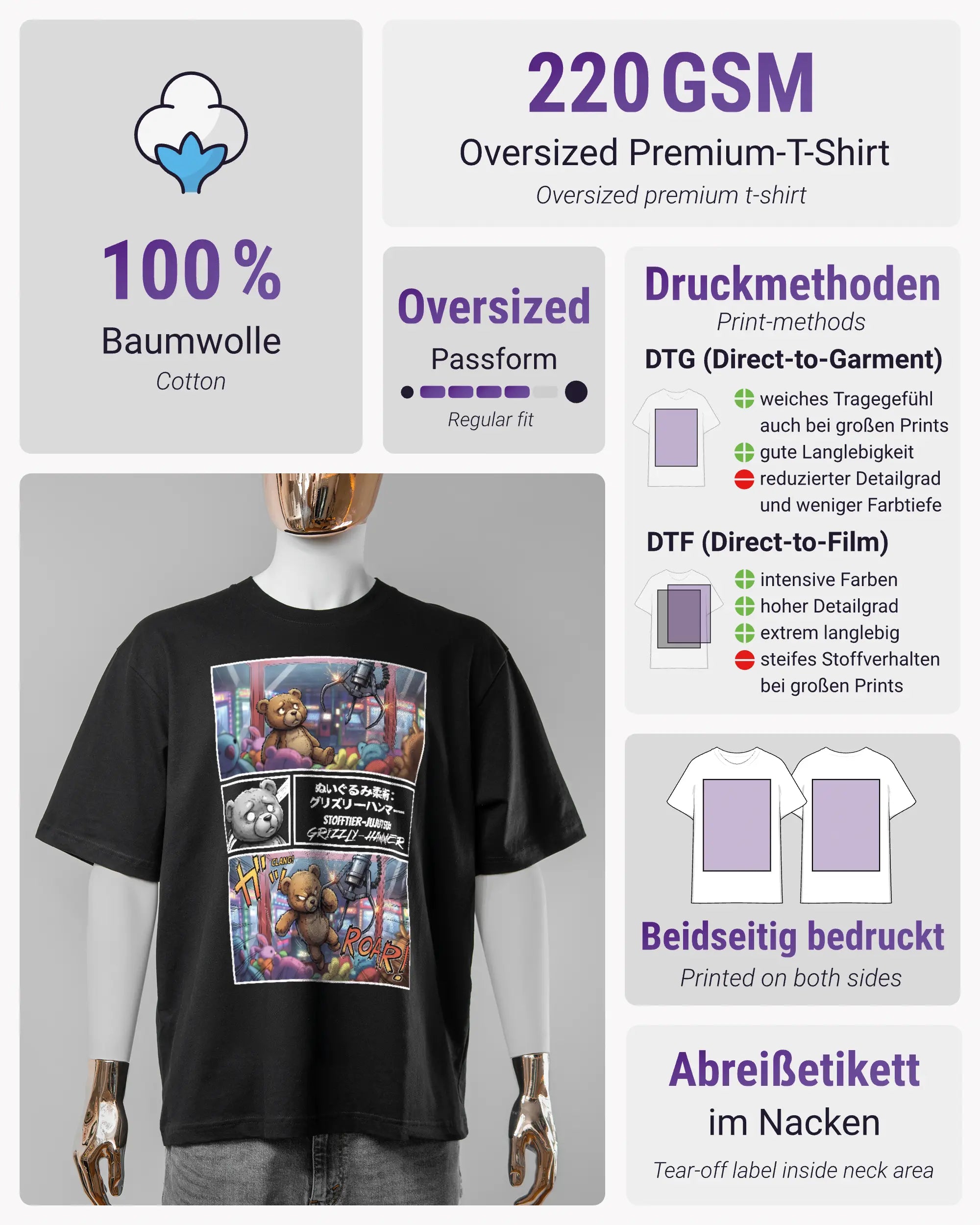 Produktinformationsblatt des Basic Unisex T-Shirt Oversized von Maondo mit dem Design Manga Stoff vorne in der Farbe Black und in der Größe S
