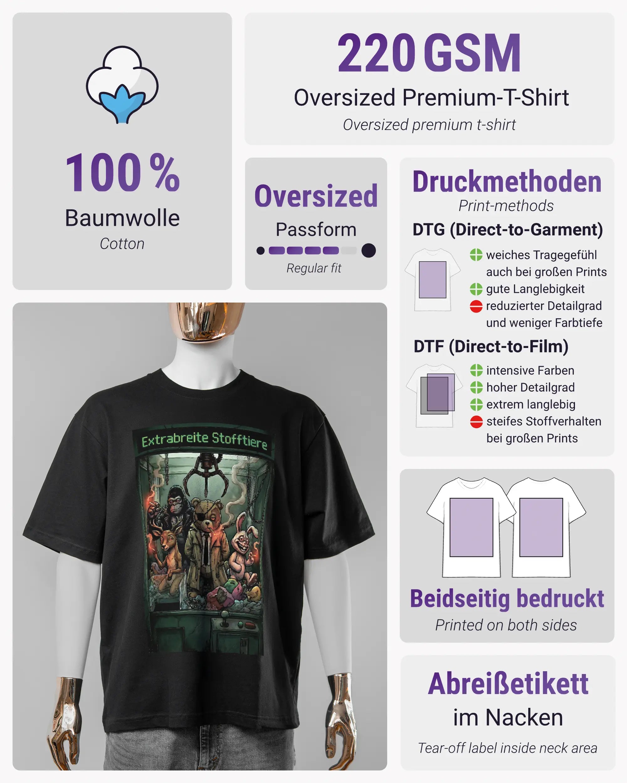 Produktinformationsblatt des Basic Unisex T-Shirt Oversized von Maondo mit dem Design Extrabreit vorne in der Farbe Black und in der Größe S