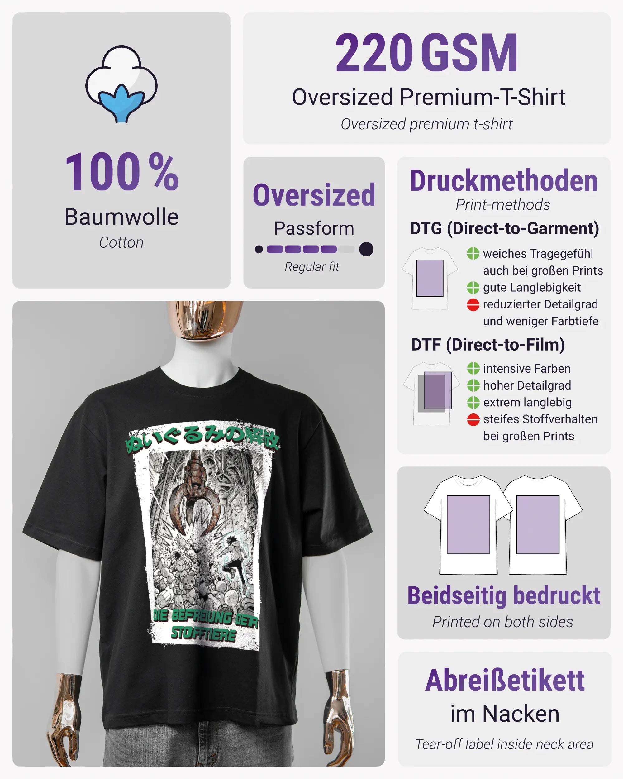 Produktinformationsblatt des Basic Unisex T-Shirt Oversized von Maondo mit dem Design Save 1 Stofftier vorne in der Farbe Black und in der Größe S
