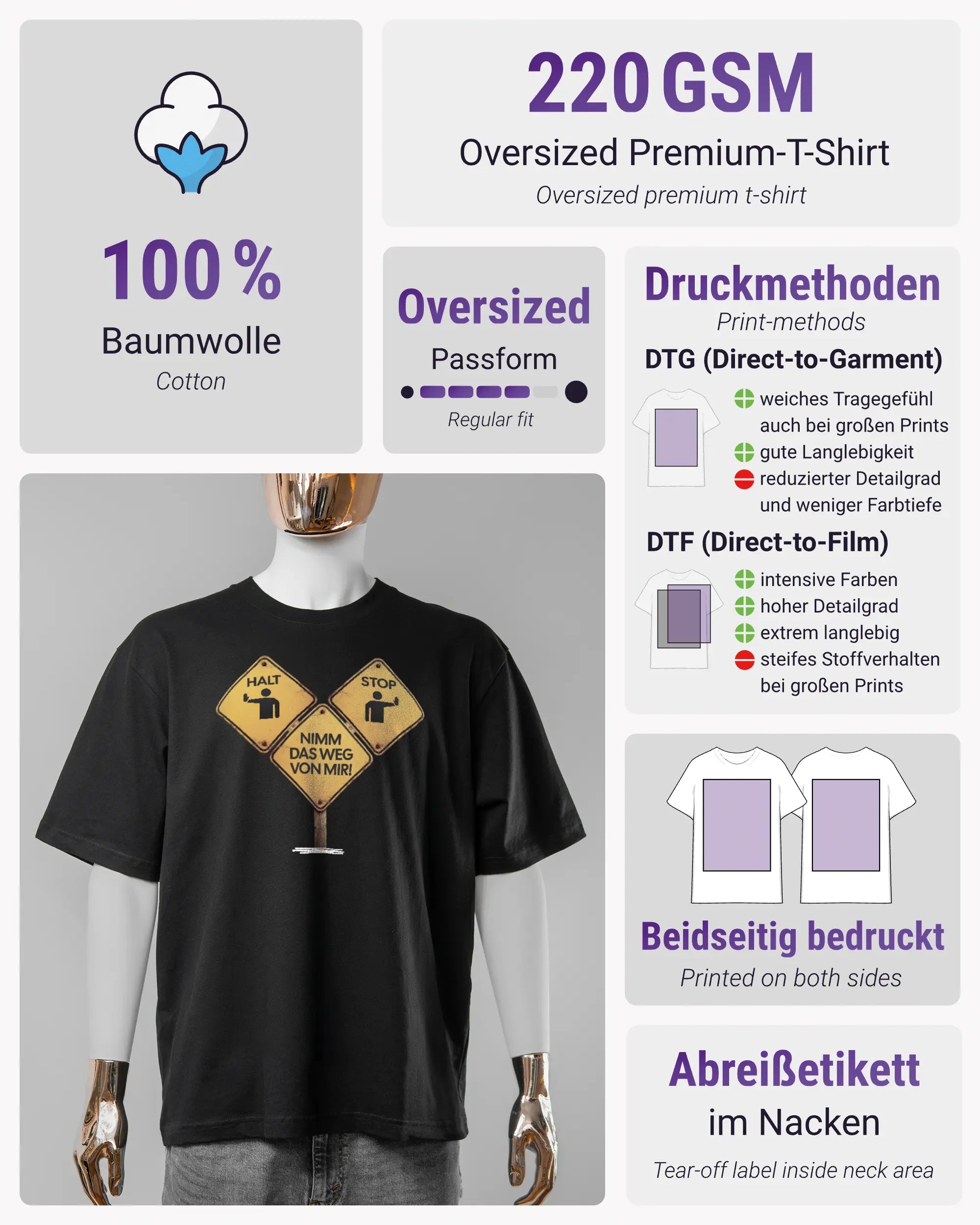 Produktinformationsblatt des Basic Unisex T-Shirt Oversized von Maondo mit dem Design Schutzschild vorne in der Farbe Black und in der Größe S