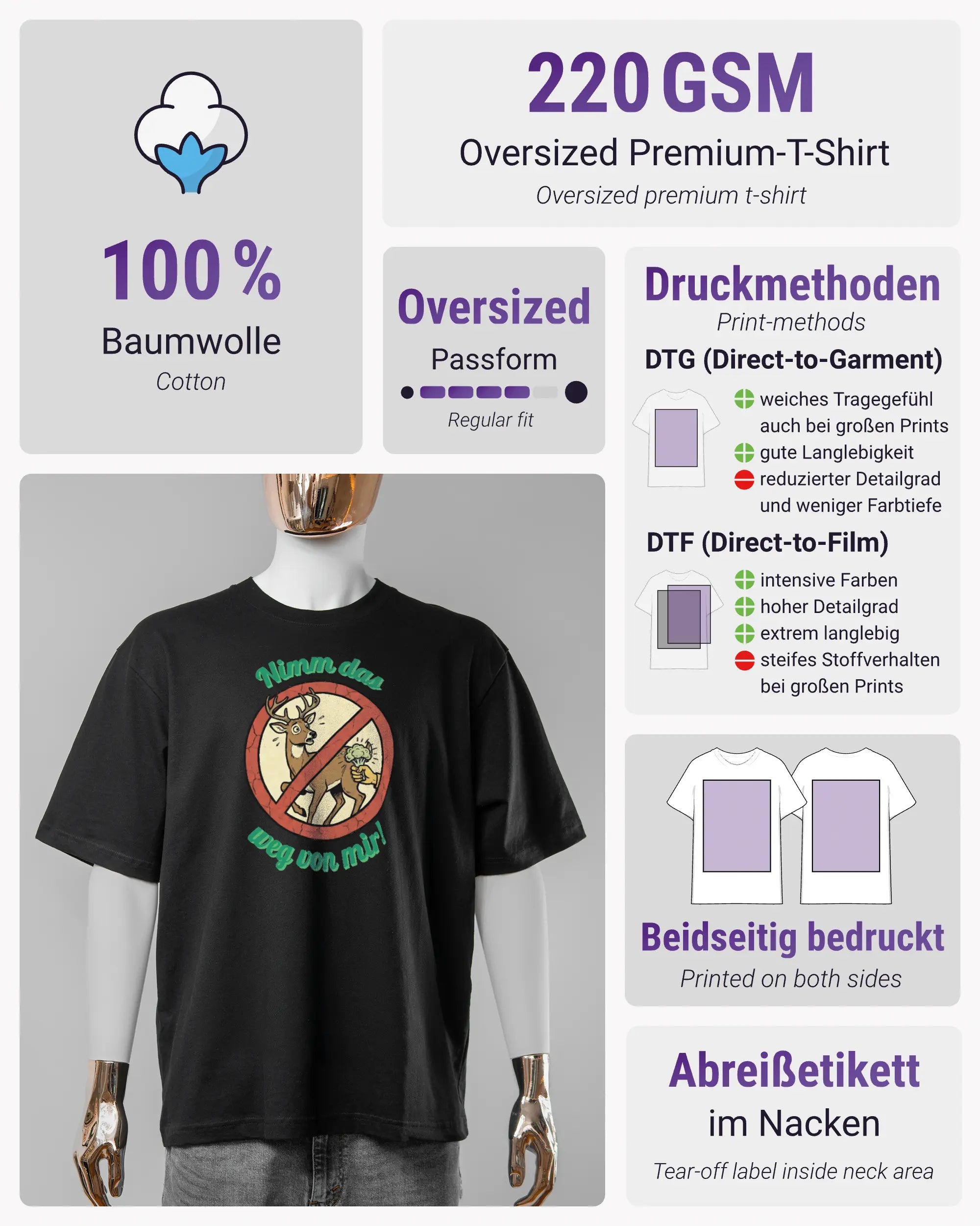 Produktinformationsblatt des Basic Unisex T-Shirt Oversized von Maondo mit dem Design Reh weg vorne in der Farbe Black und in der Größe S