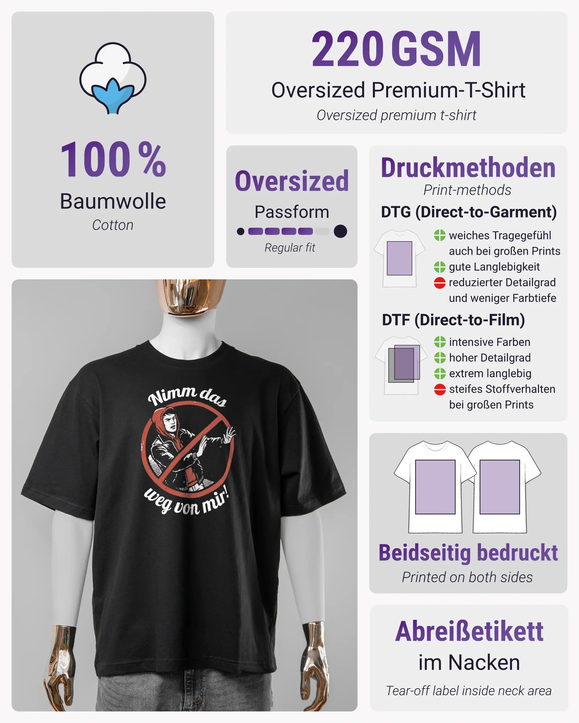 Produktinformationsblatt des Basic Unisex T-Shirt Oversized von Maondo mit dem Design Nimm das weg vorne in der Farbe Black und in der Größe S