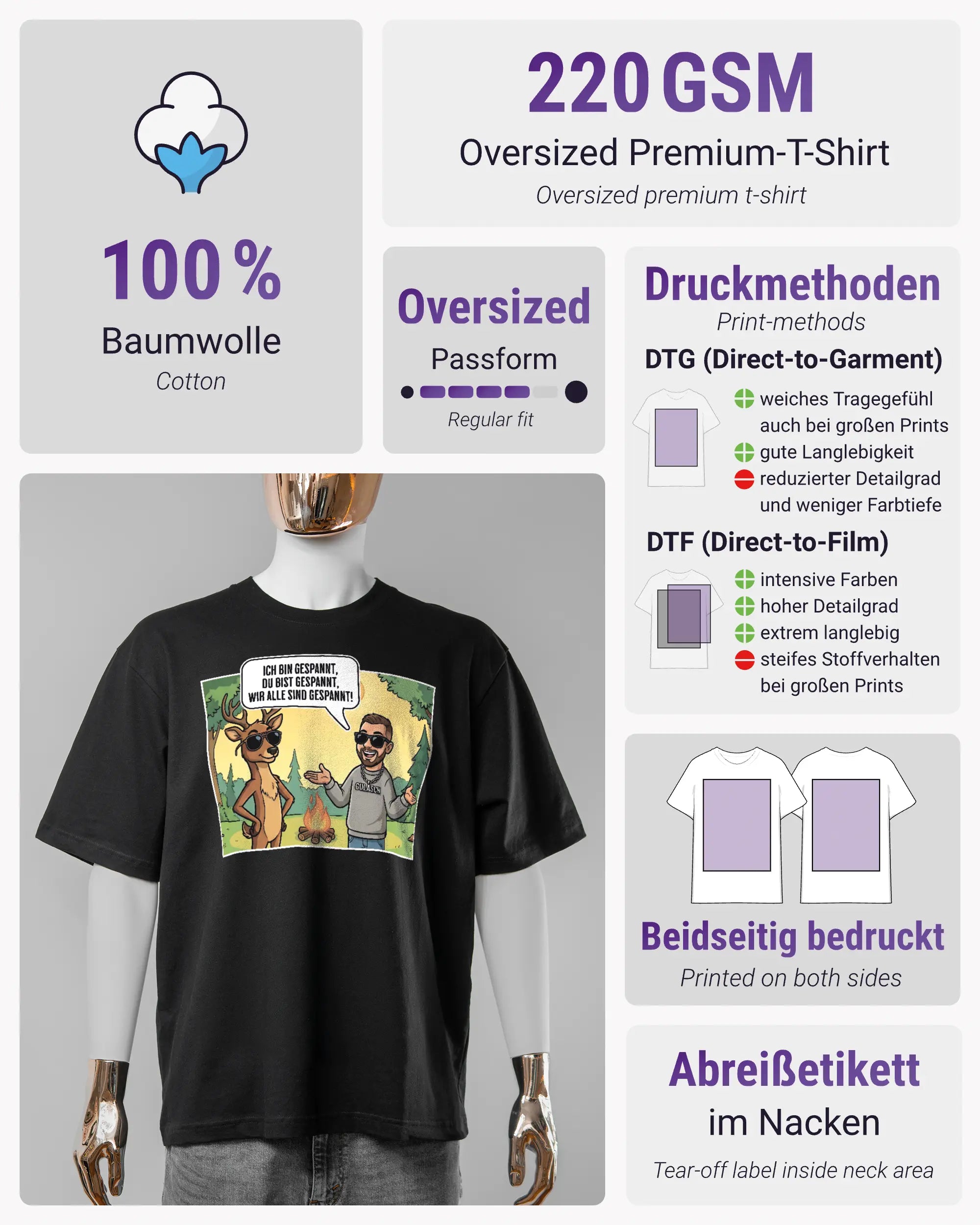 Produktinformationsblatt des Basic Unisex T-Shirt Oversized von Maondo mit dem Design Vollspannung vorne in der Farbe Black und in der Größe S