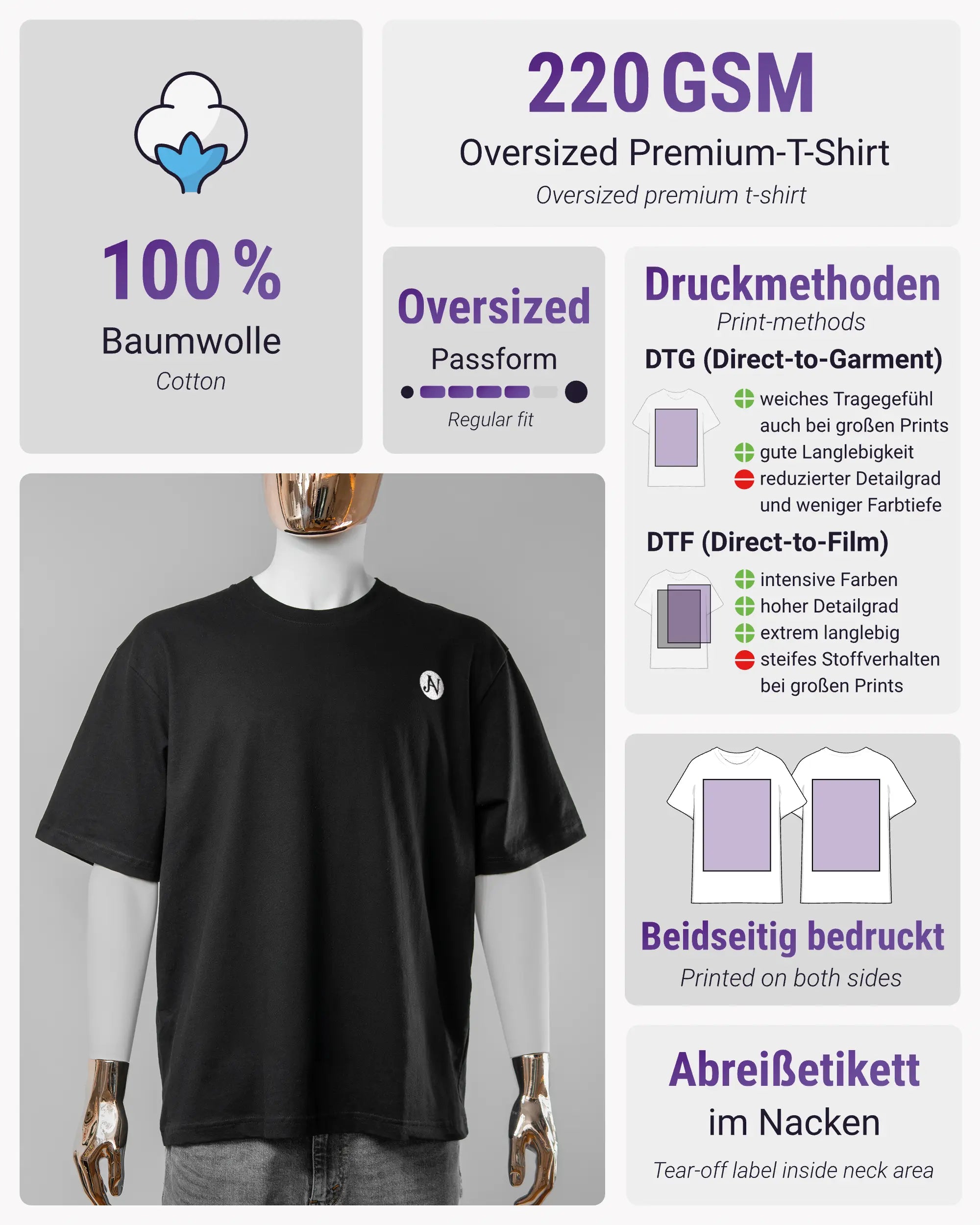 Produktinformationsblatt des Basic Unisex T-Shirt Oversized von Maondo mit dem Design JB1 vorne in der Farbe Black und in der Größe S