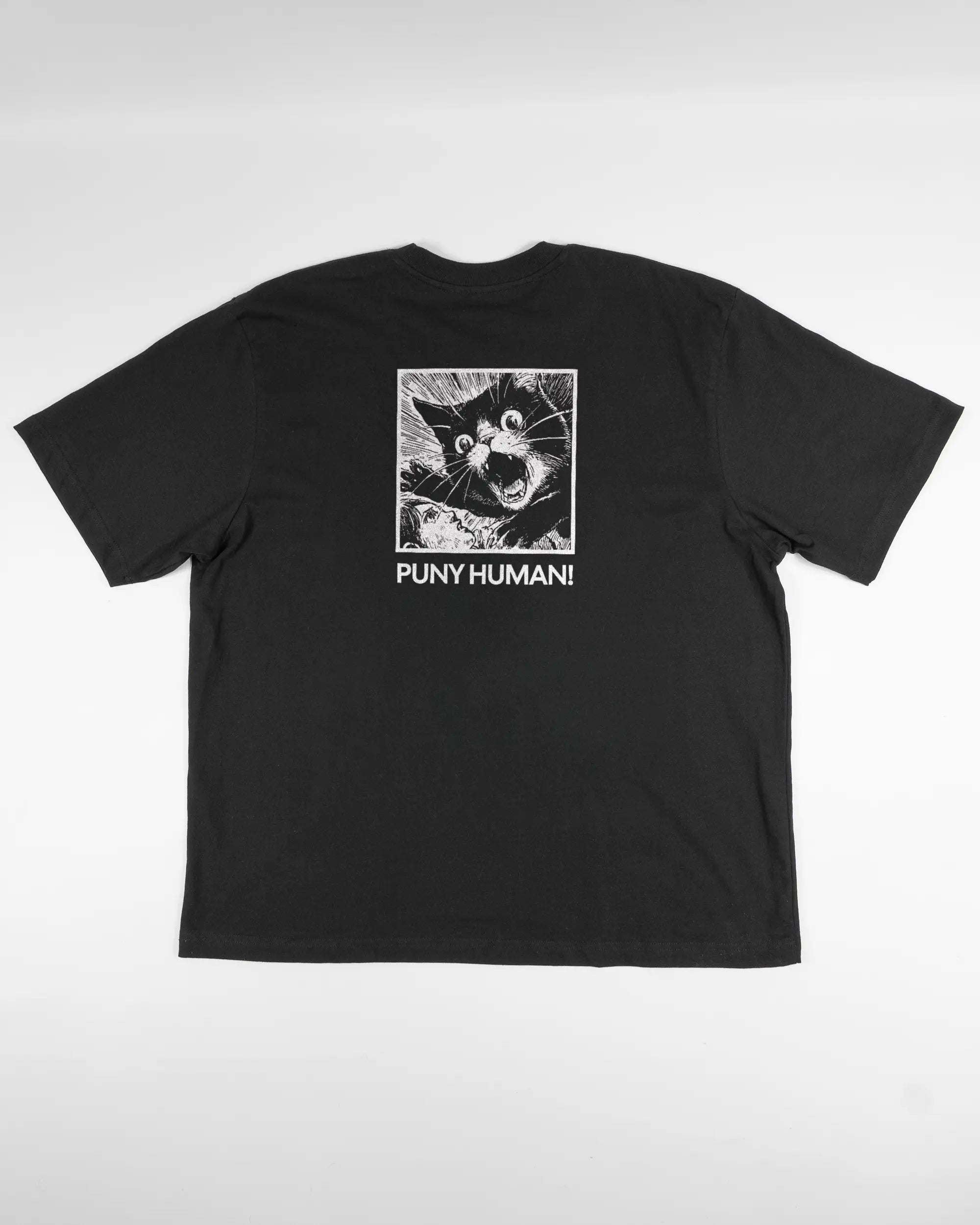 Rückseite des Basic Unisex T-Shirt Oversized von Maondo mit dem Design Puny Human in der Farbe Black und in der Größe L flach auf den Boden gelegt
