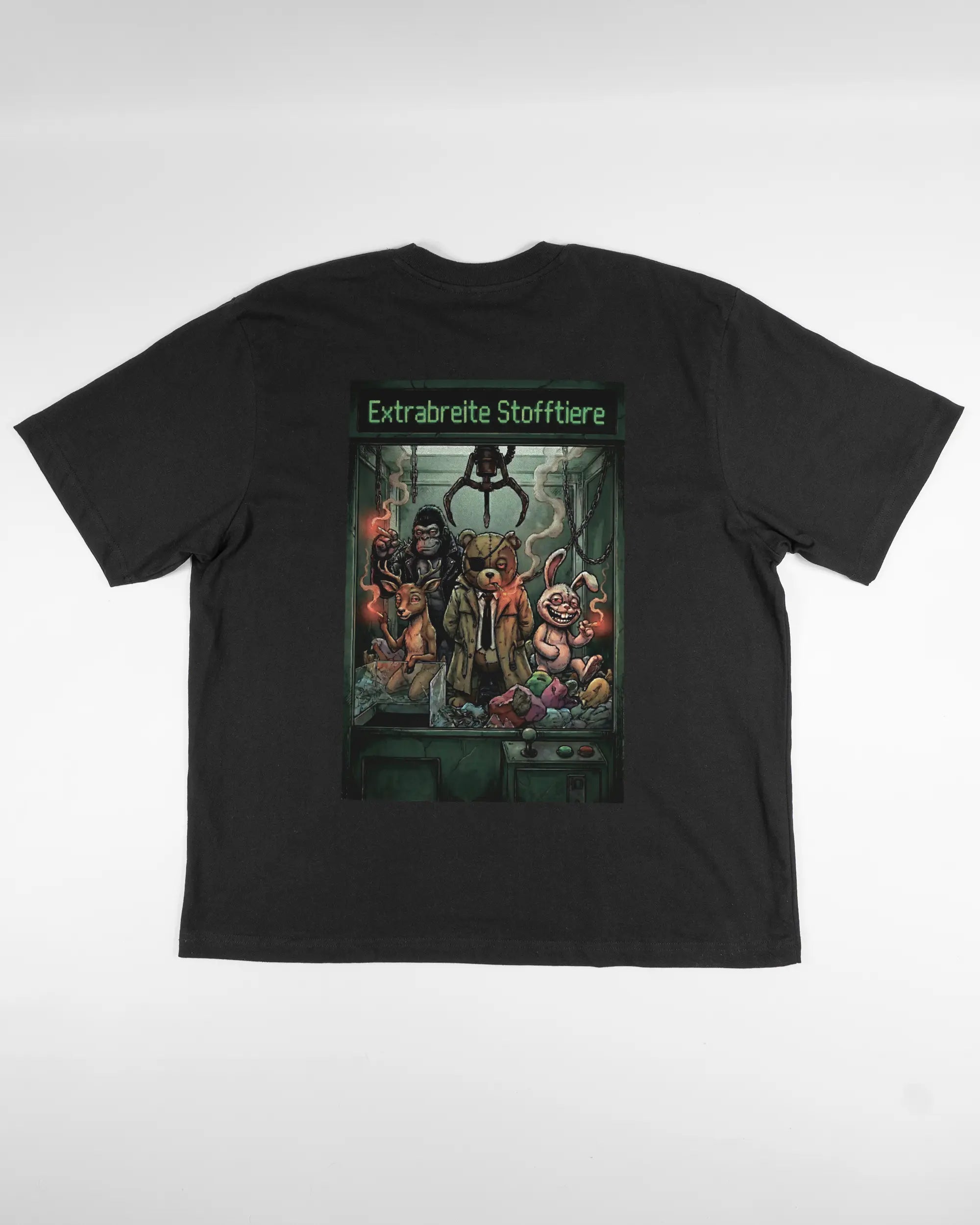 Rückseite des Basic Unisex T-Shirt Oversized von Maondo mit dem Design Extrabreit in der Farbe Black und in der Größe L flach auf den Boden gelegt