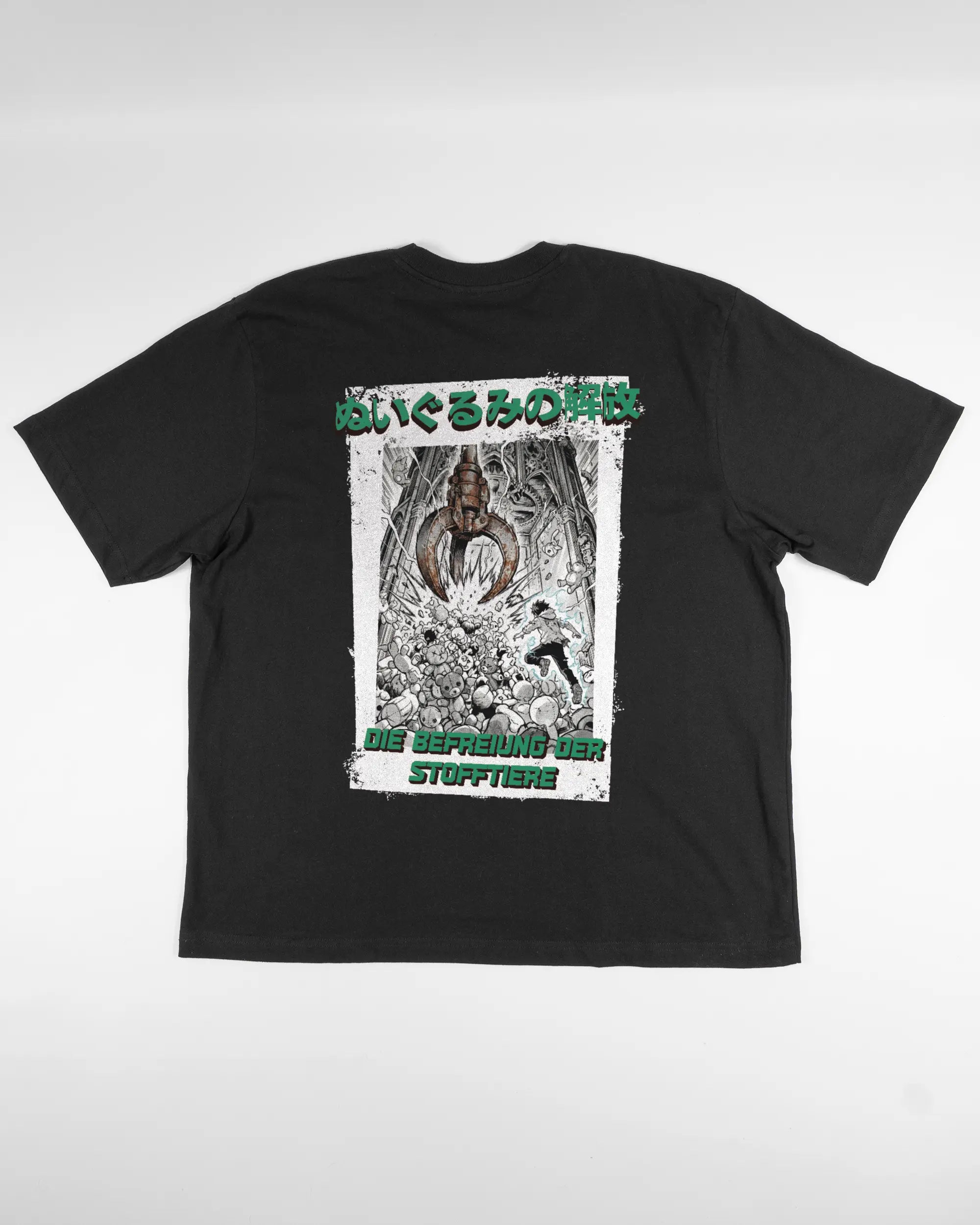 Rückseite des Basic Unisex T-Shirt Oversized von Maondo mit dem Design Save 1 Stofftier in der Farbe Black und in der Größe L flach auf den Boden gelegt