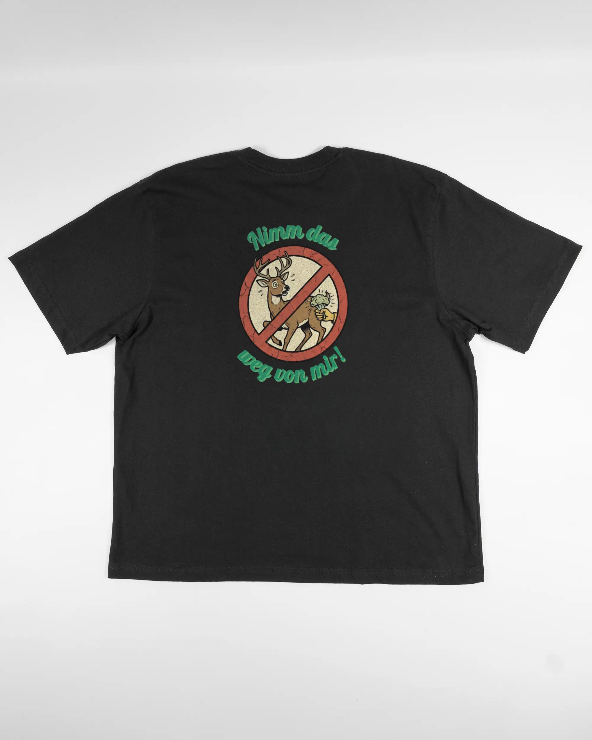 Rückseite des Basic Unisex T-Shirt Oversized von Maondo mit dem Design Reh weg in der Farbe Black und in der Größe L flach auf den Boden gelegt