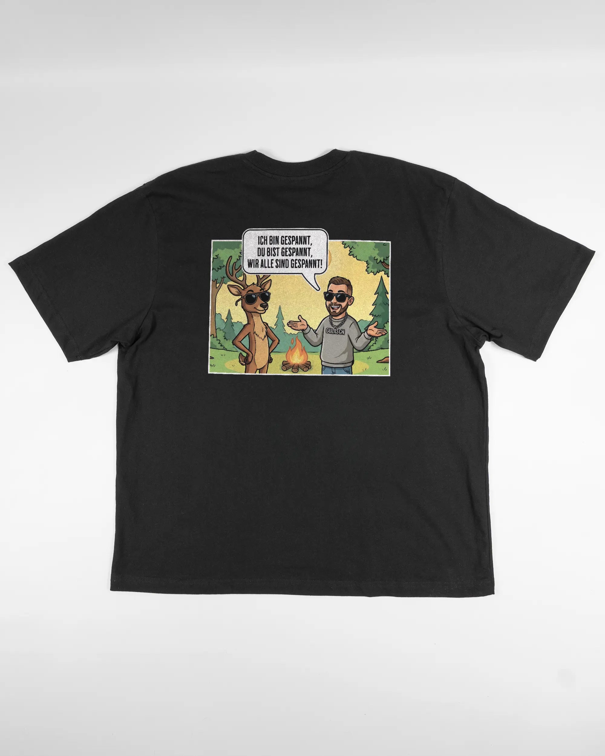 Rückseite des Basic Unisex T-Shirt Oversized von Maondo mit dem Design Vollspannung in der Farbe Black und in der Größe L flach auf den Boden gelegt