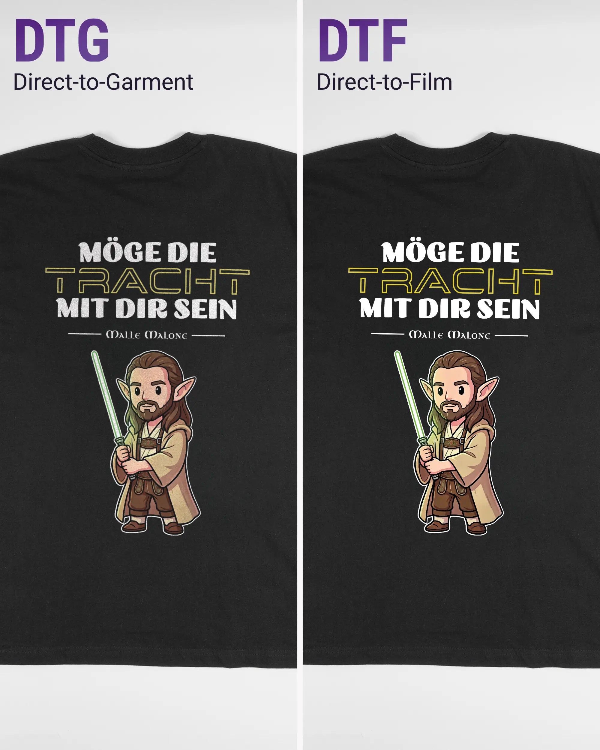 Vergleich der Rückseiten des Basic Unisex T-Shirt Oversized von Maondo mit dem Design Tracht mit dir in der Farbe Black und in der Größe L links mit dem Direct-to-Garment und rechts mit dem Direct-to-Film Verfahren
