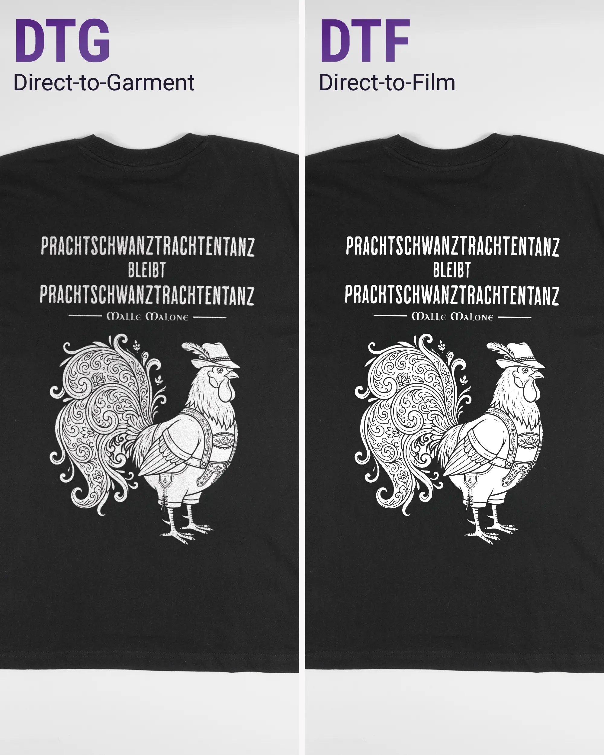 Vergleich der Rückseiten des Basic Unisex T-Shirt Oversized von Maondo mit dem Design Trachtentanz in der Farbe Black und in der Größe L links mit dem Direct-to-Garment und rechts mit dem Direct-to-Film Verfahren