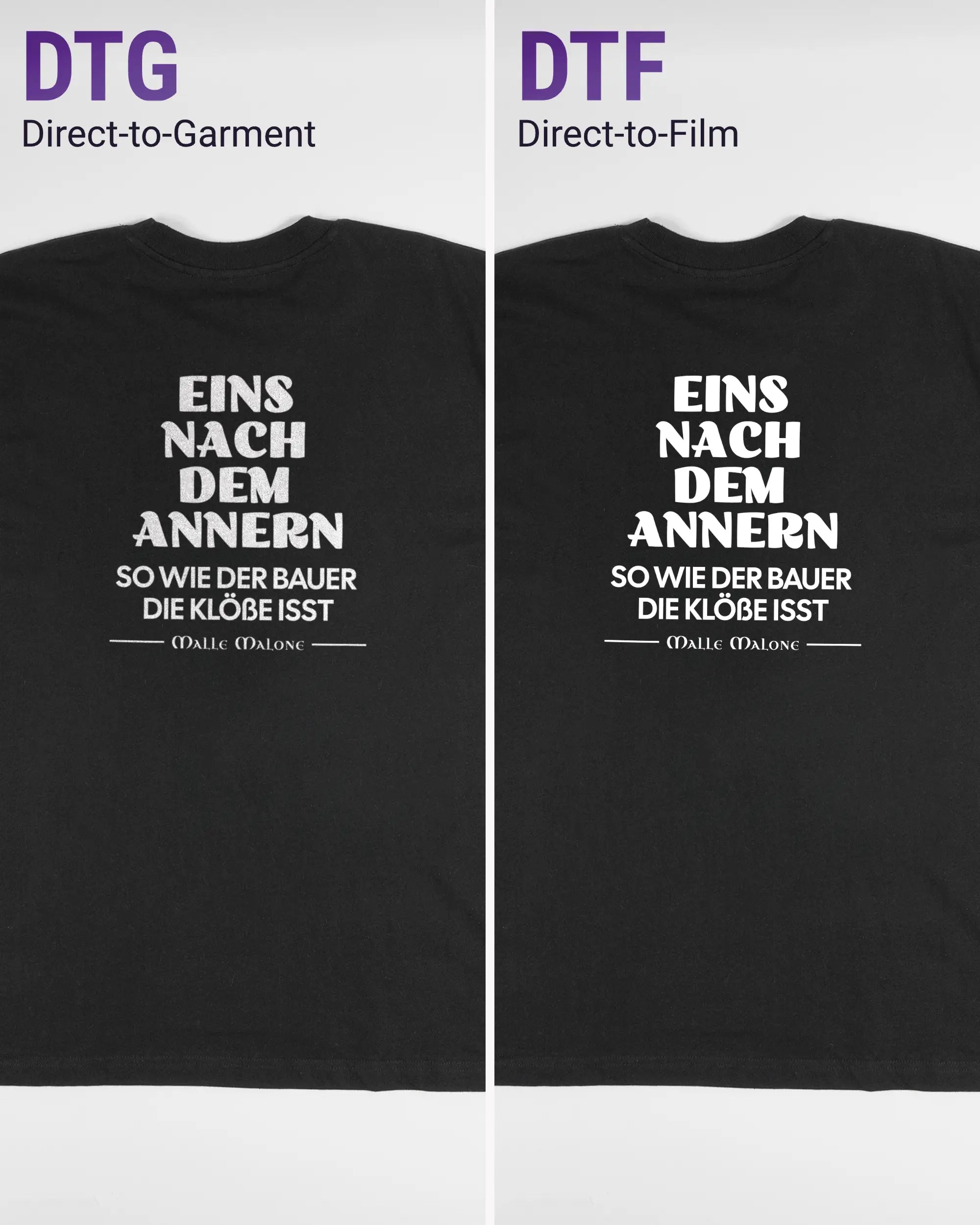 Vergleich der Rückseiten des Basic Unisex T-Shirt Oversized von Maondo mit dem Design Eins nach dem Annern in der Farbe Black und in der Größe L links mit dem Direct-to-Garment und rechts mit dem Direct-to-Film Verfahren