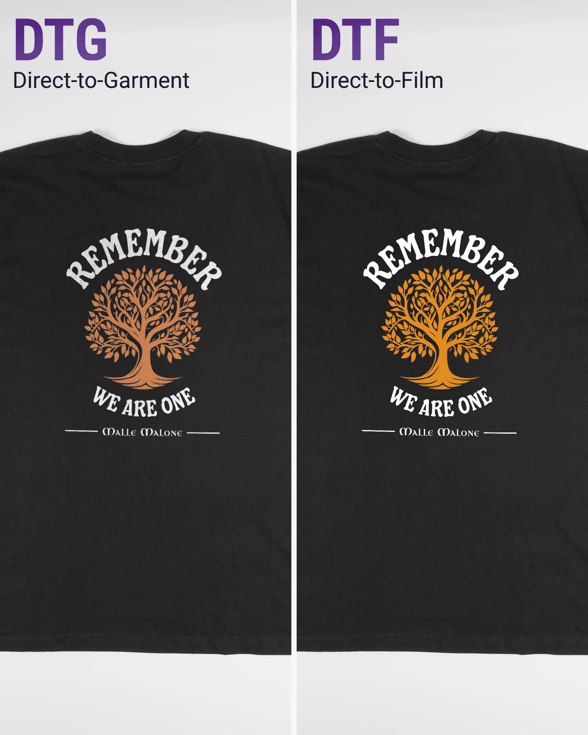 Vergleich der Rückseiten des Basic Unisex T-Shirt Oversized von Maondo mit dem Design We are one in der Farbe Black und in der Größe L links mit dem Direct-to-Garment und rechts mit dem Direct-to-Film Verfahren