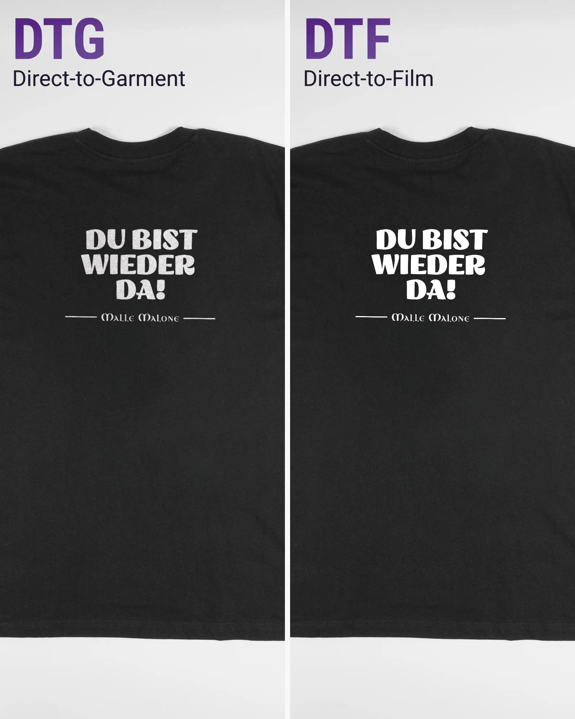Vergleich der Rückseiten des Basic Unisex T-Shirt Oversized von Maondo mit dem Design Wieder da in der Farbe Black und in der Größe L links mit dem Direct-to-Garment und rechts mit dem Direct-to-Film Verfahren