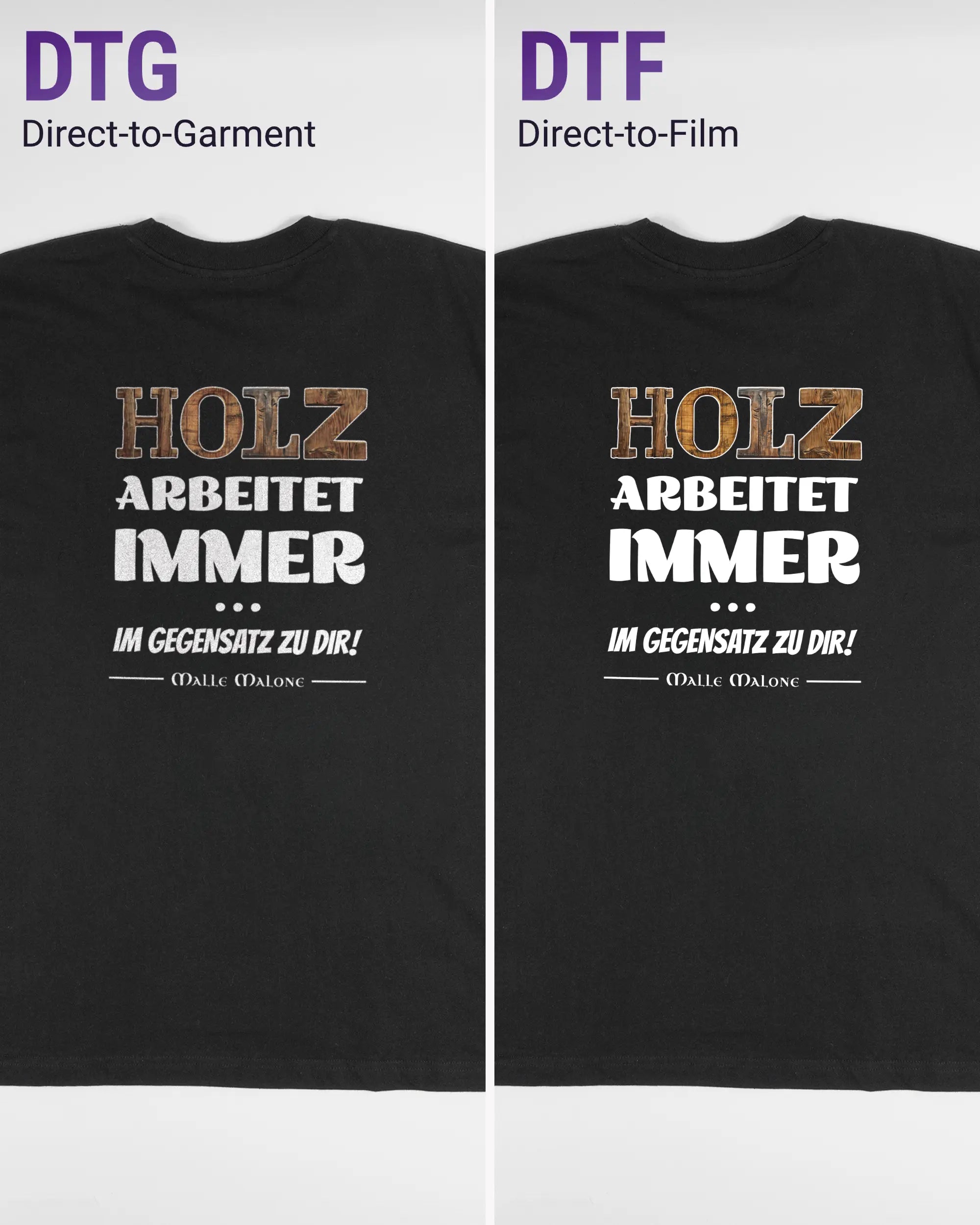 Vergleich der Rückseiten des Basic Unisex T-Shirt Oversized von Maondo mit dem Design Holzarbeit in der Farbe Black und in der Größe L links mit dem Direct-to-Garment und rechts mit dem Direct-to-Film Verfahren