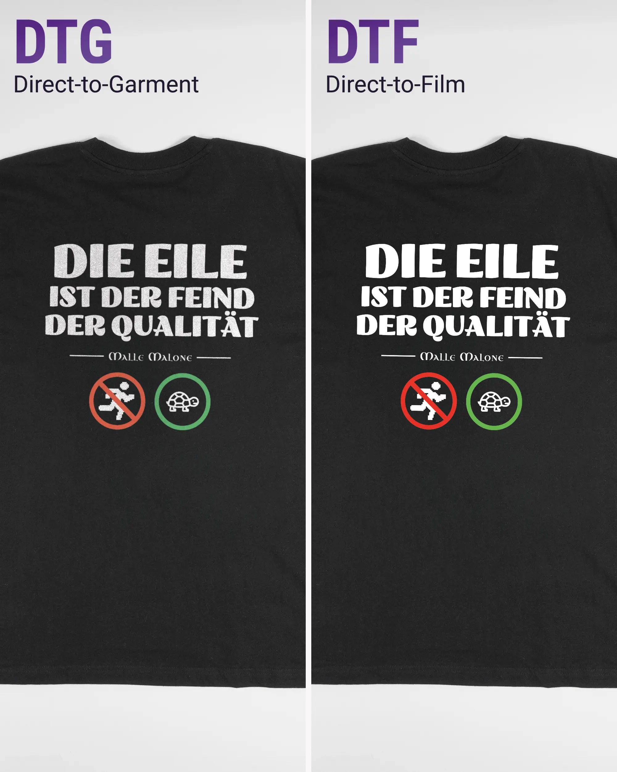 Vergleich der Rückseiten des Basic Unisex T-Shirt Oversized von Maondo mit dem Design Keine Eile in der Farbe Black und in der Größe L links mit dem Direct-to-Garment und rechts mit dem Direct-to-Film Verfahren