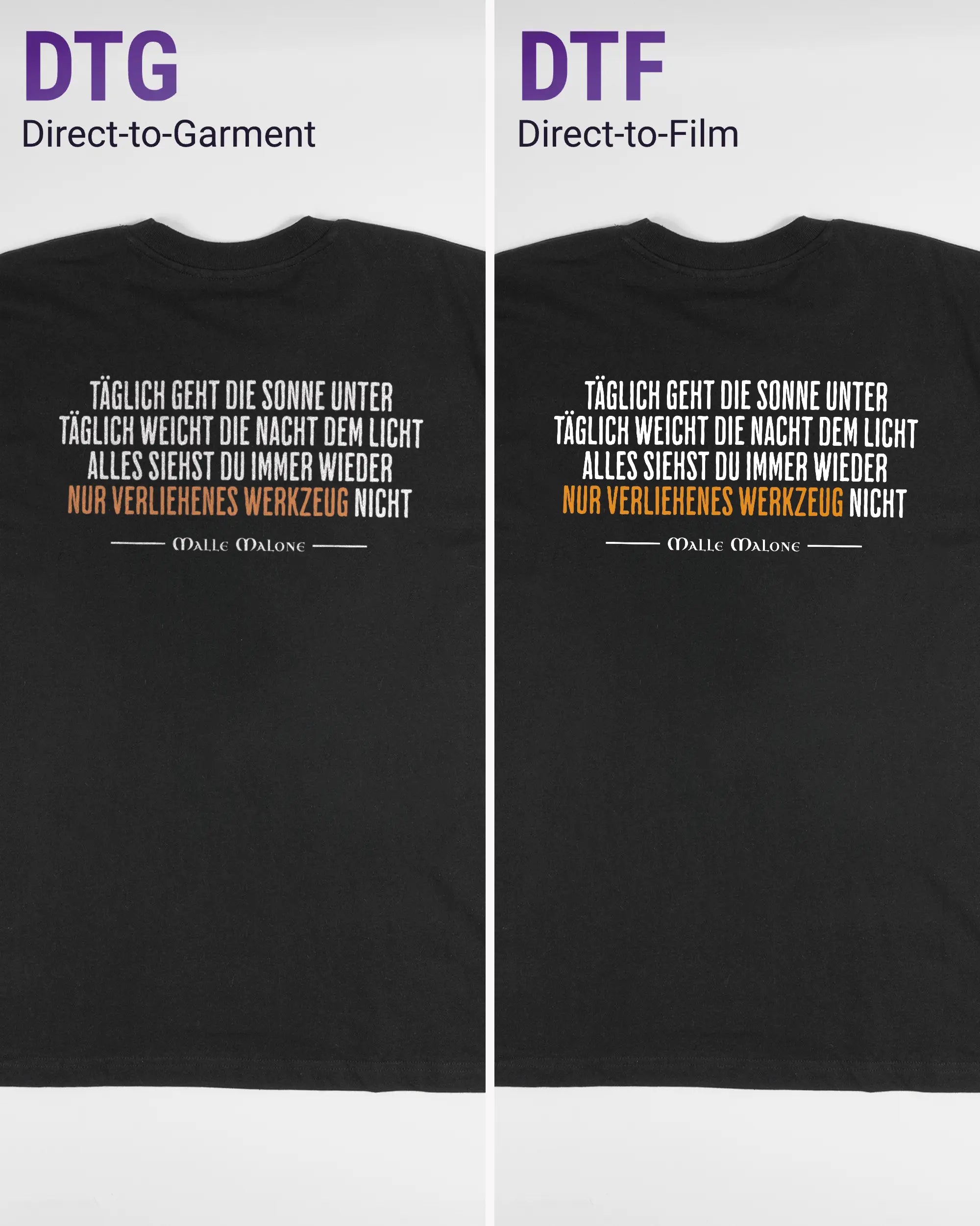 Vergleich der Rückseiten des Basic Unisex T-Shirt Oversized von Maondo mit dem Design Wegzeug in der Farbe Black und in der Größe L links mit dem Direct-to-Garment und rechts mit dem Direct-to-Film Verfahren