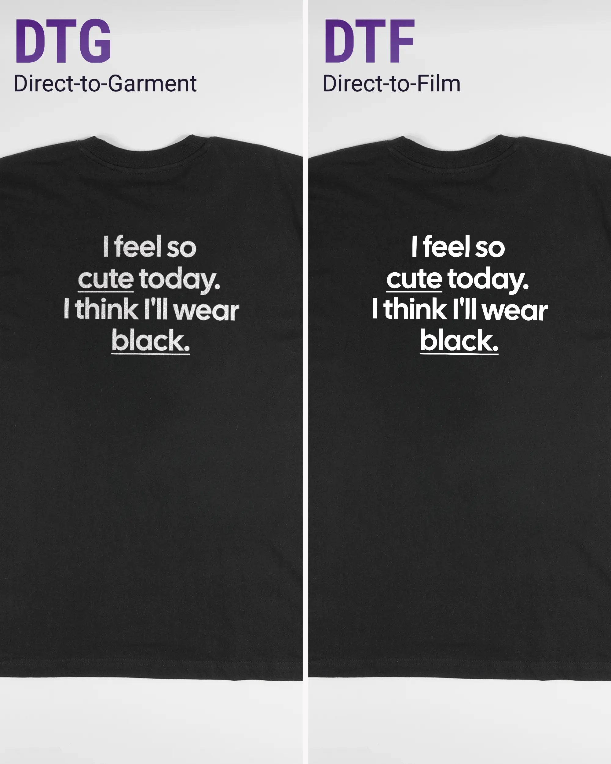 Vergleich der Rückseiten des Basic Unisex T-Shirt Oversized von Maondo mit dem Design Colorful Day in der Farbe Black und in der Größe L links mit dem Direct-to-Garment und rechts mit dem Direct-to-Film Verfahren