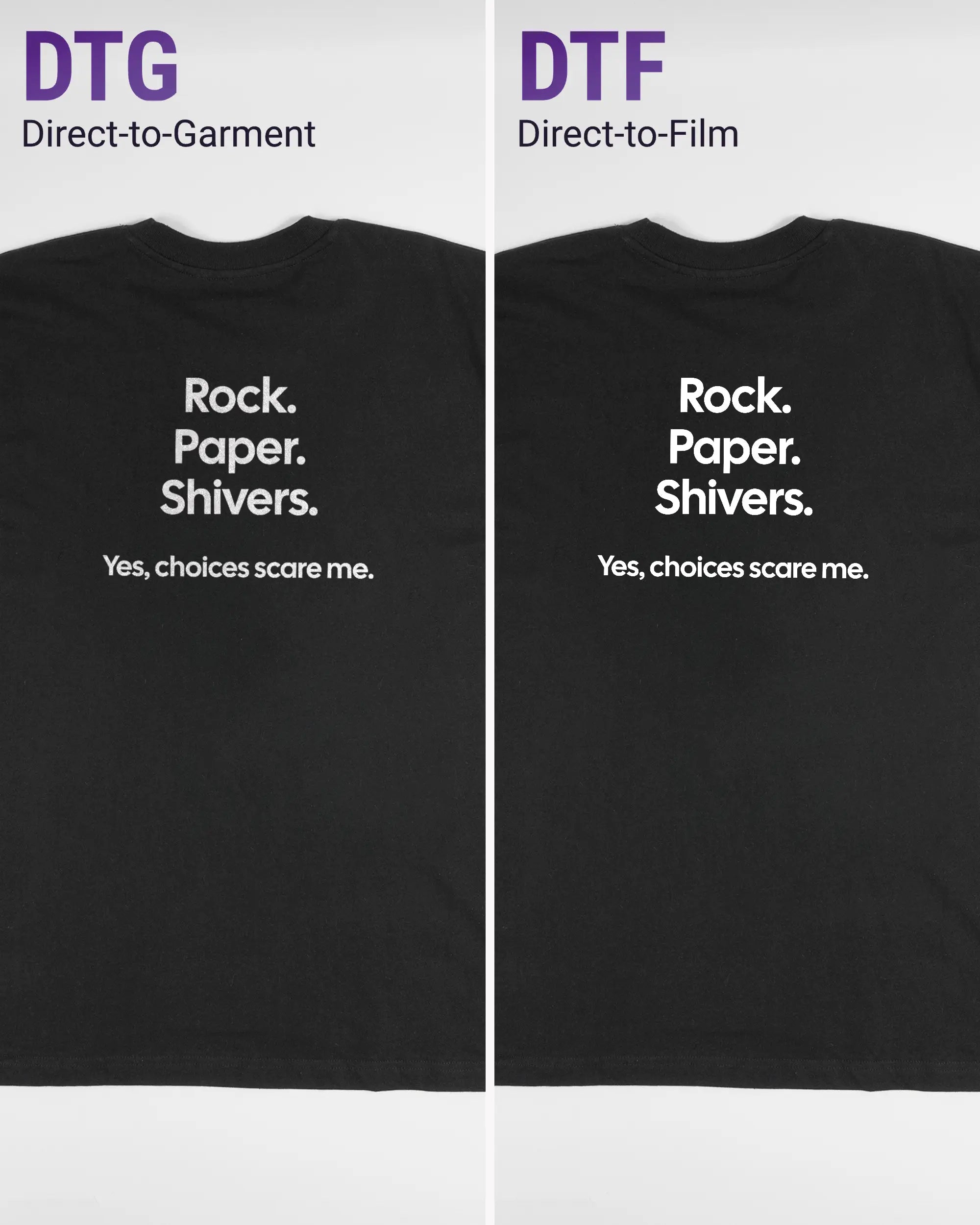 Vergleich der Rückseiten des Basic Unisex T-Shirt Oversized von Maondo mit dem Design Rock Paper Shivers in der Farbe Black und in der Größe L links mit dem Direct-to-Garment und rechts mit dem Direct-to-Film Verfahren