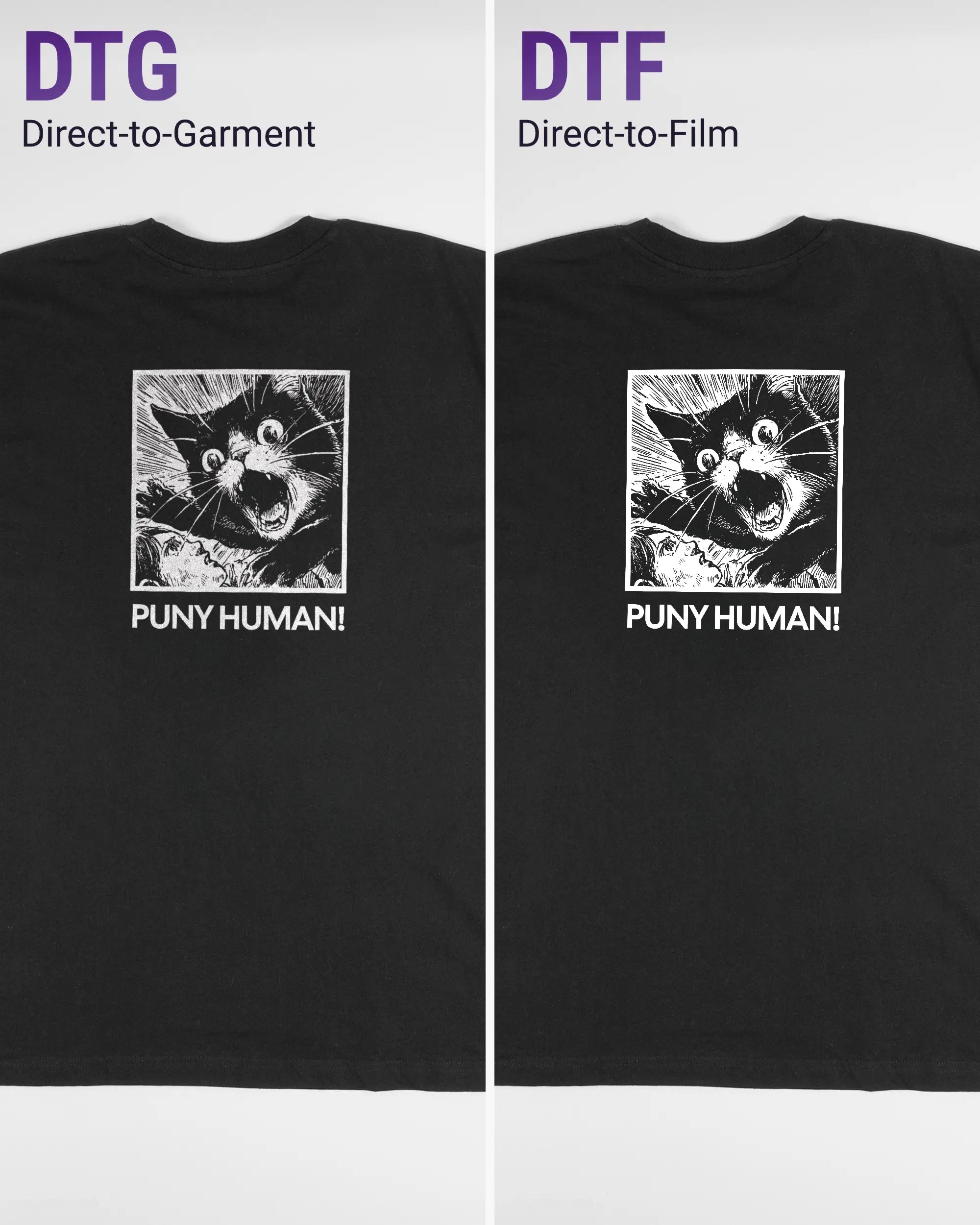 Vergleich der Rückseiten des Basic Unisex T-Shirt Oversized von Maondo mit dem Design Puny Human in der Farbe Black und in der Größe L links mit dem Direct-to-Garment und rechts mit dem Direct-to-Film Verfahren