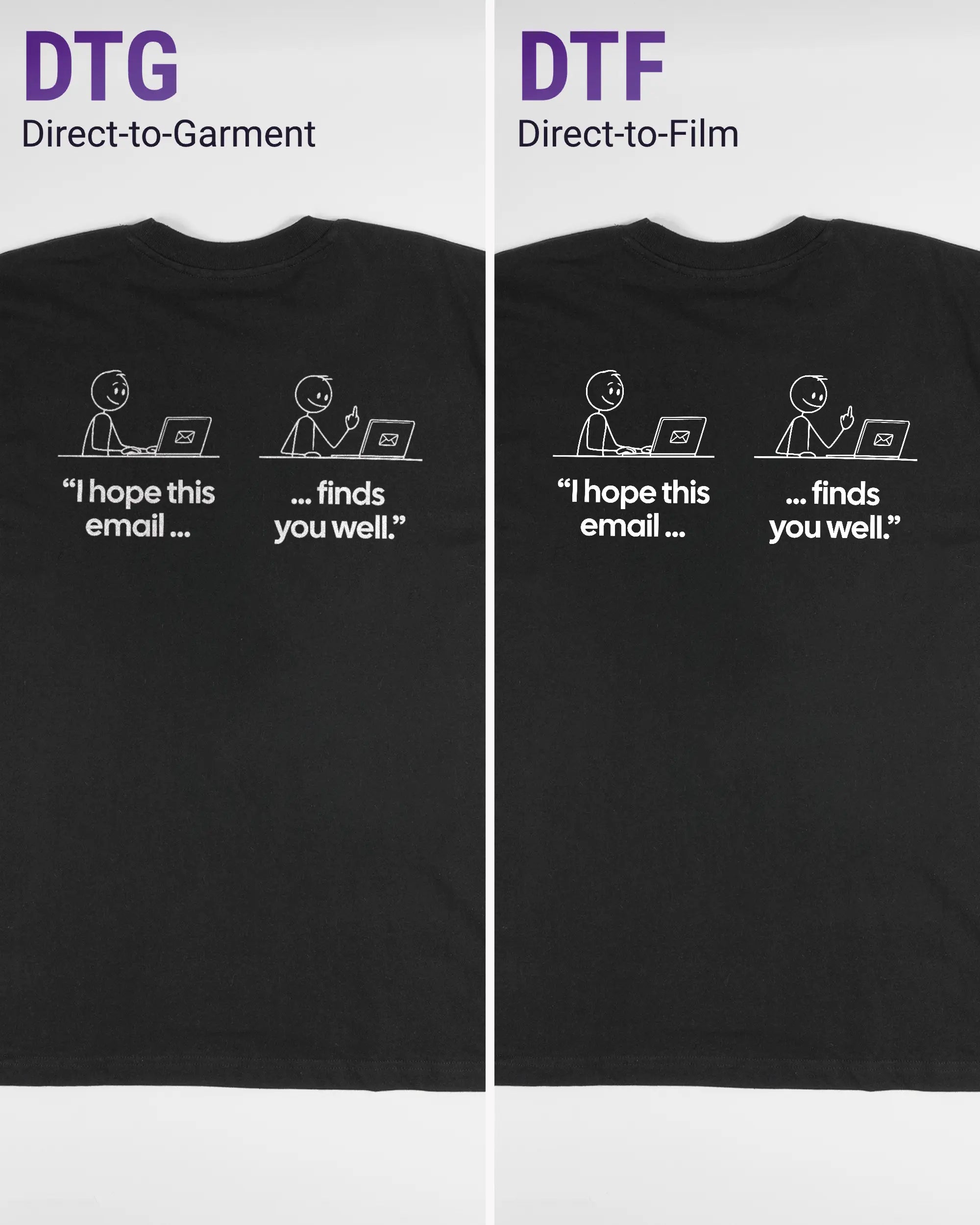 Vergleich der Rückseiten des Basic Unisex T-Shirt Oversized von Maondo mit dem Design Found me not well in der Farbe Black und in der Größe L links mit dem Direct-to-Garment und rechts mit dem Direct-to-Film Verfahren