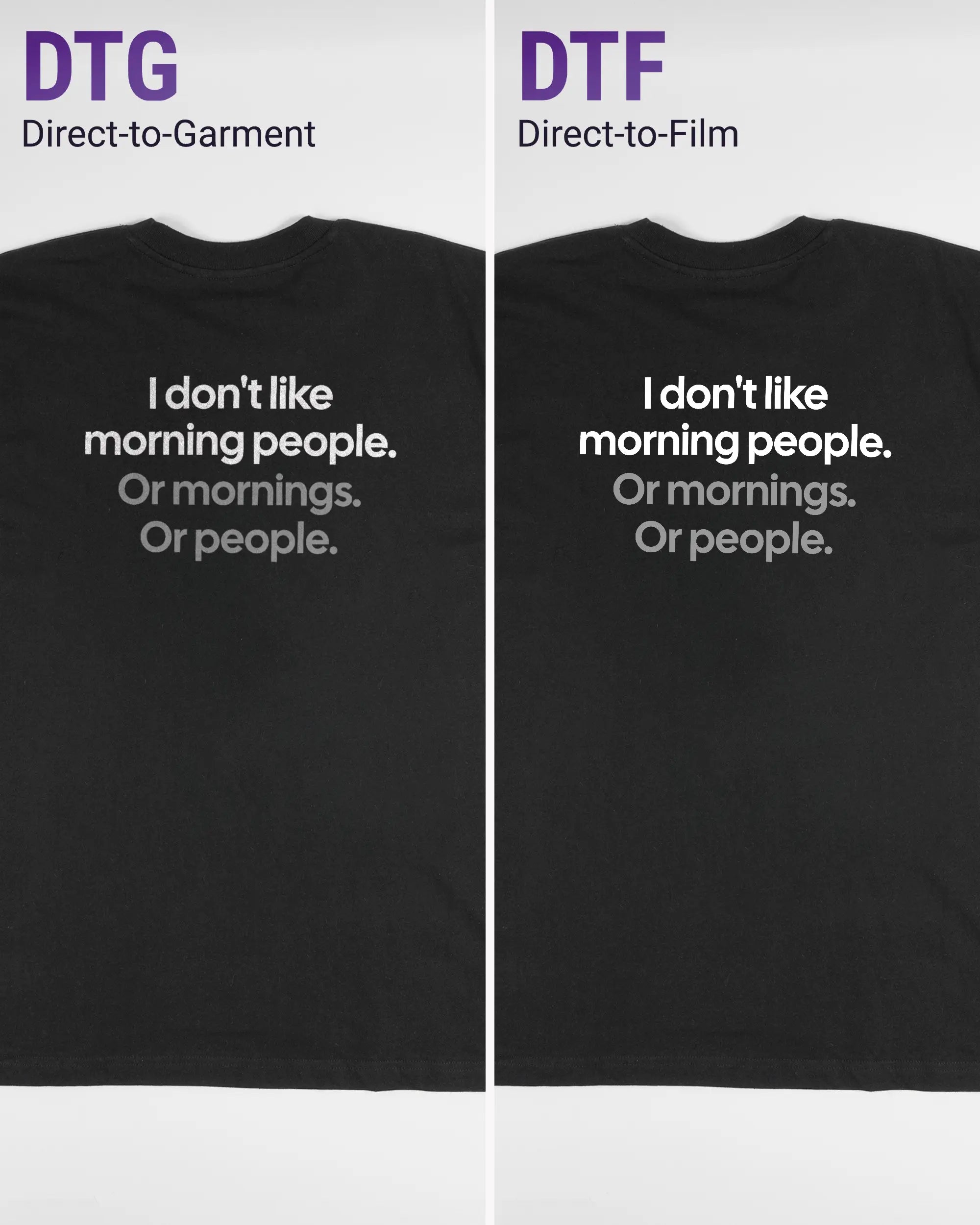 Vergleich der Rückseiten des Basic Unisex T-Shirt Oversized von Maondo mit dem Design Morning Person in der Farbe Black und in der Größe L links mit dem Direct-to-Garment und rechts mit dem Direct-to-Film Verfahren