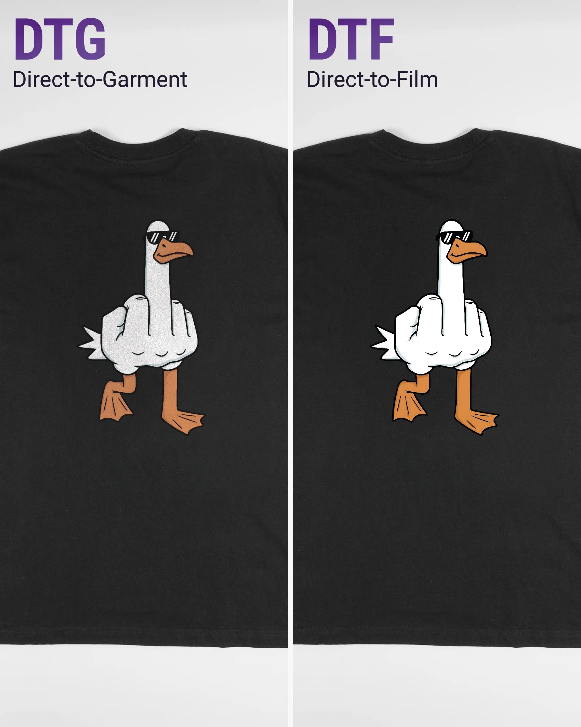 Vergleich der Rückseiten des Basic Unisex T-Shirt Oversized von Maondo mit dem Design I give a duck in der Farbe Black und in der Größe L links mit dem Direct-to-Garment und rechts mit dem Direct-to-Film Verfahren