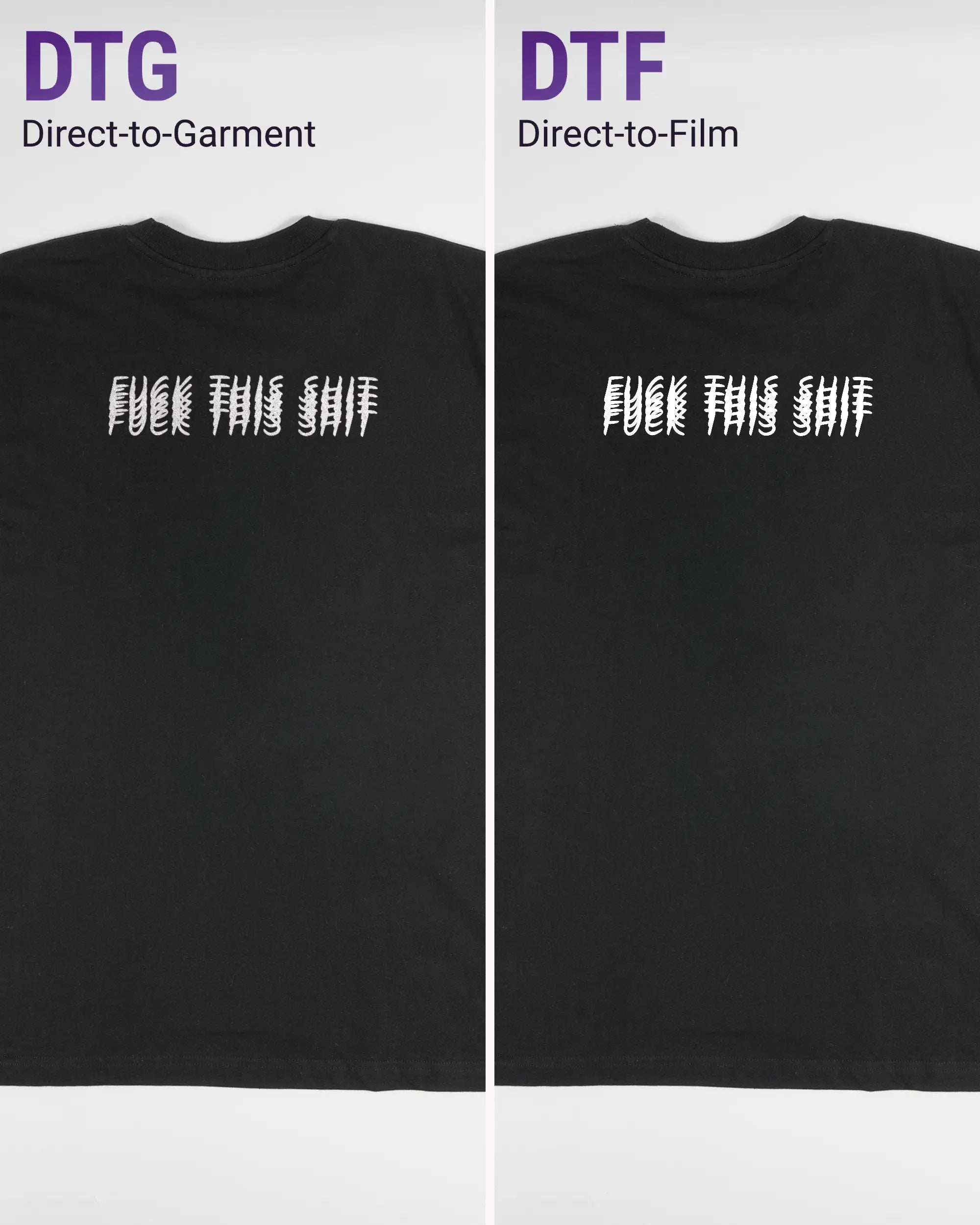 Vergleich der Rückseiten des Basic Unisex T-Shirt Oversized von Maondo mit dem Design Hidden Message in der Farbe Black und in der Größe L links mit dem Direct-to-Garment und rechts mit dem Direct-to-Film Verfahren