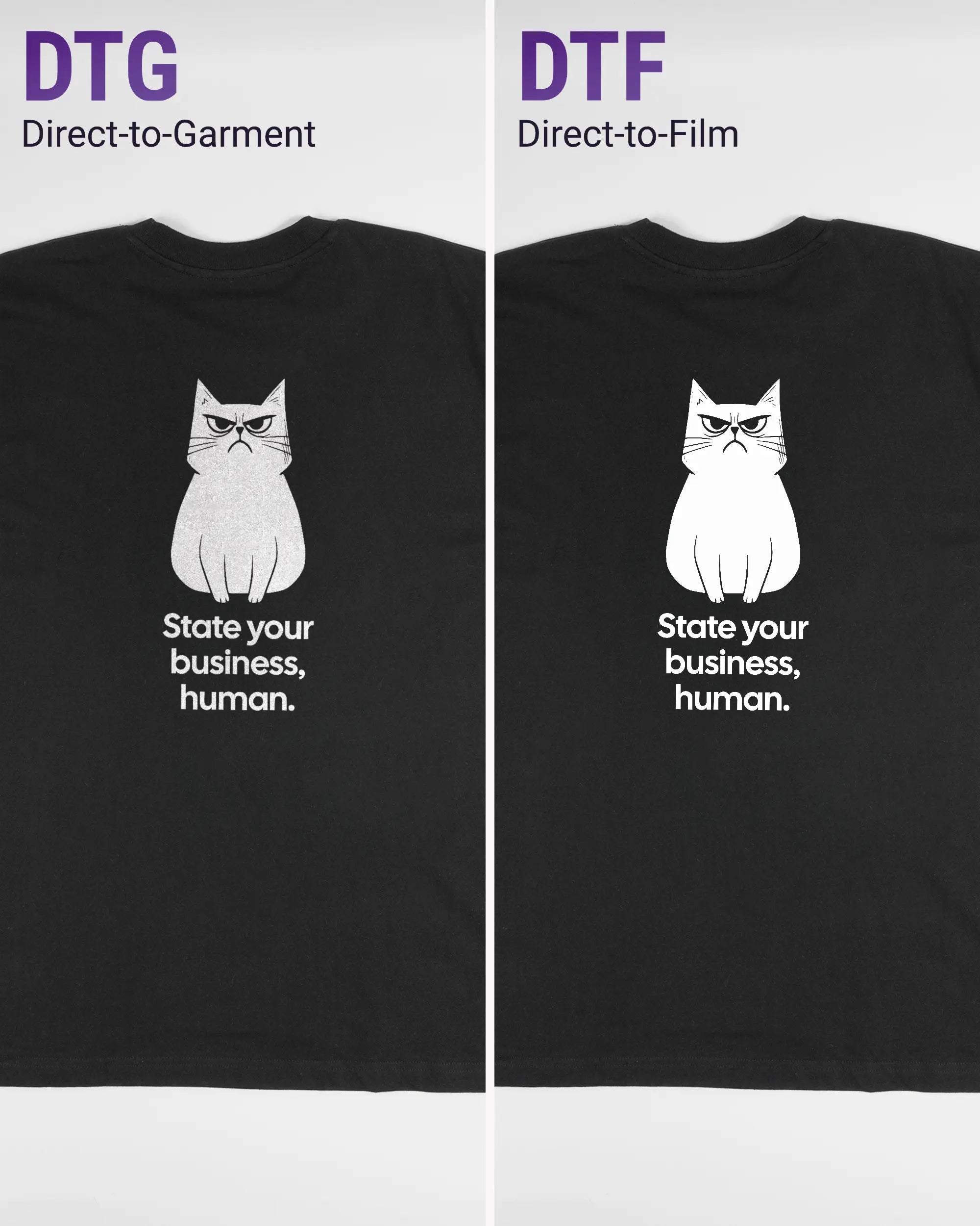 Vergleich der Rückseiten des Basic Unisex T-Shirt Oversized von Maondo mit dem Design Grumpy Purr in der Farbe Black und in der Größe L links mit dem Direct-to-Garment und rechts mit dem Direct-to-Film Verfahren
