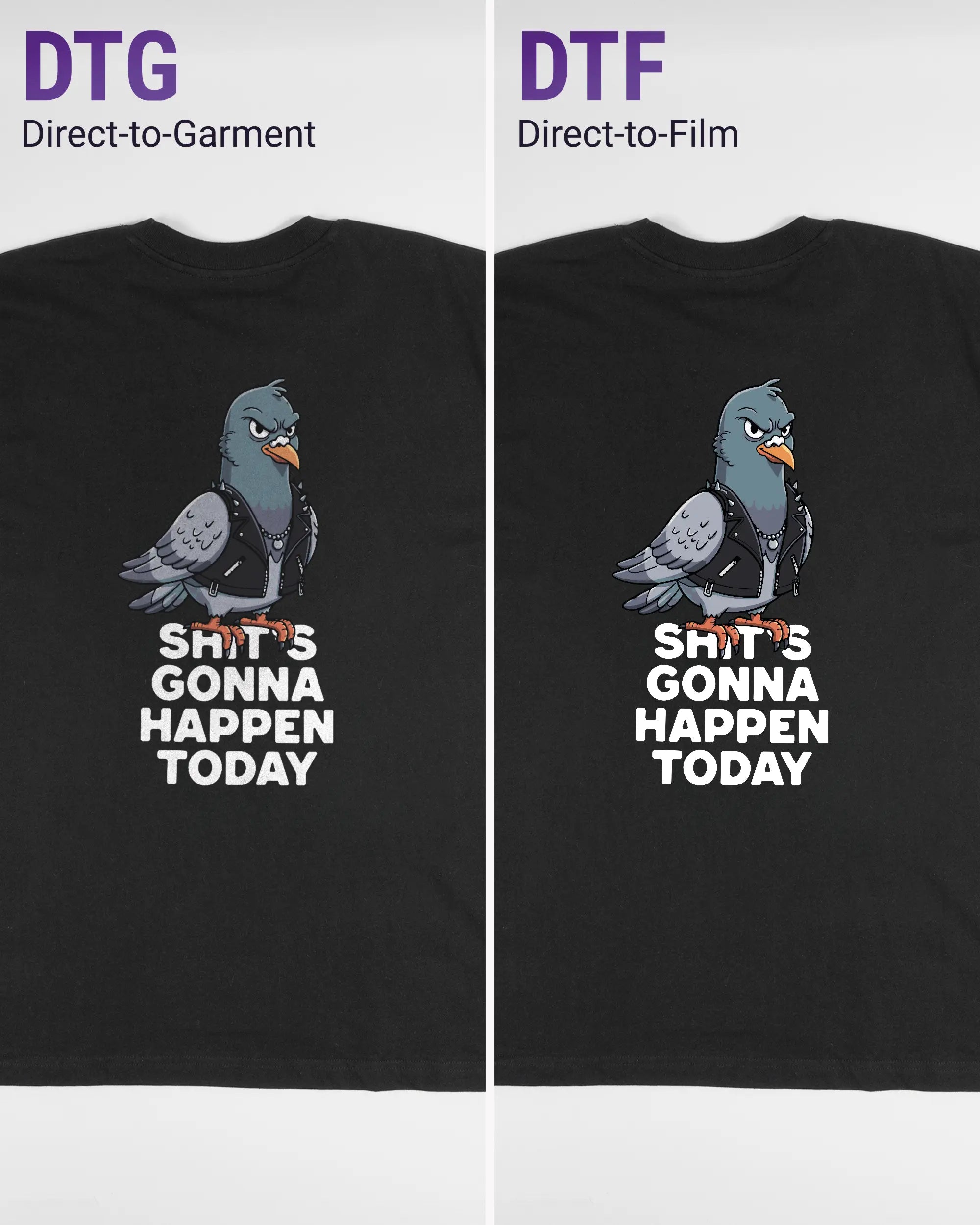 Vergleich der Rückseiten des Basic Unisex T-Shirt Oversized von Maondo mit dem Design Pigeon Pun in der Farbe Black und in der Größe L links mit dem Direct-to-Garment und rechts mit dem Direct-to-Film Verfahren