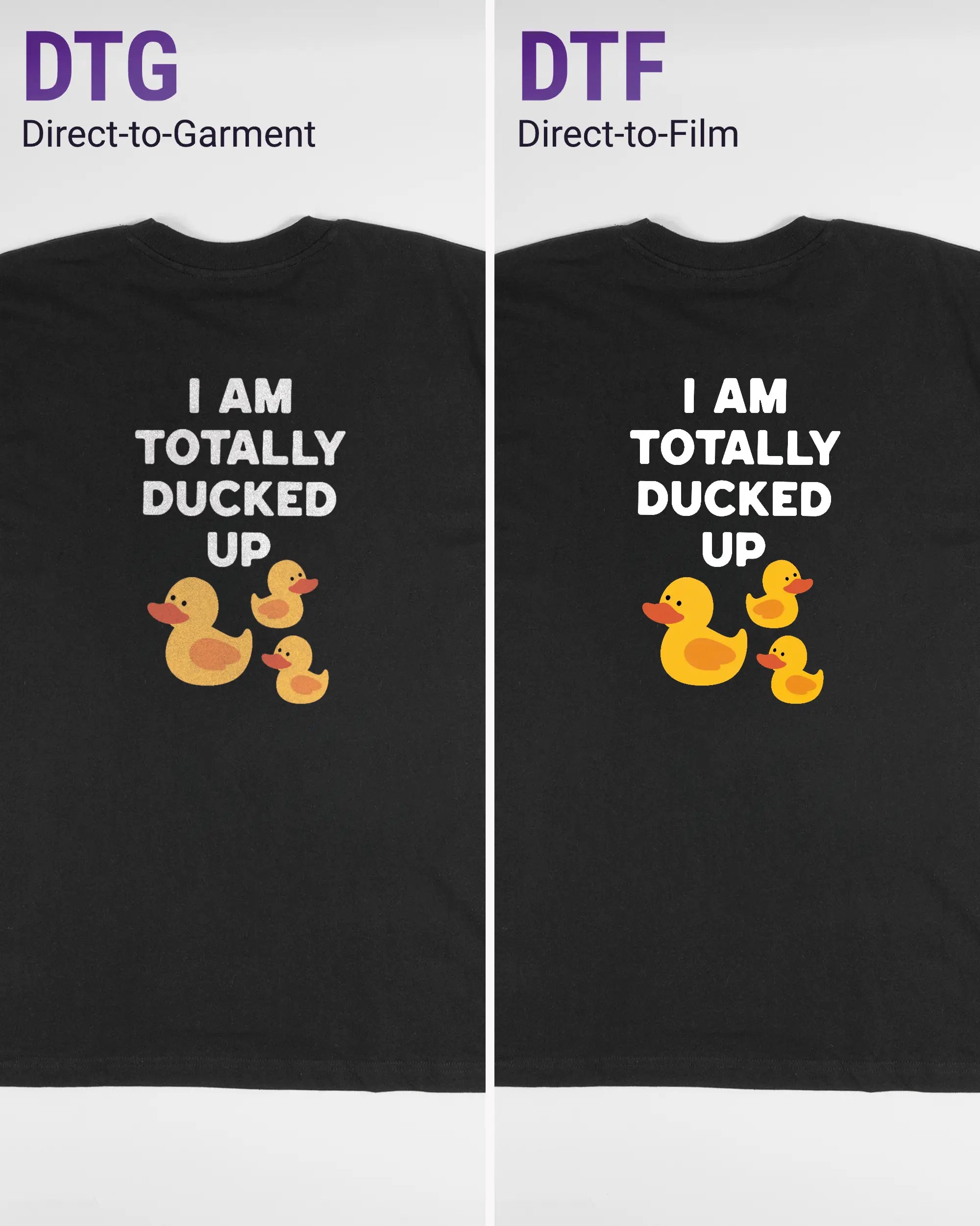 Vergleich der Rückseiten des Basic Unisex T-Shirt Oversized von Maondo mit dem Design Ducked Up in der Farbe Black und in der Größe L links mit dem Direct-to-Garment und rechts mit dem Direct-to-Film Verfahren