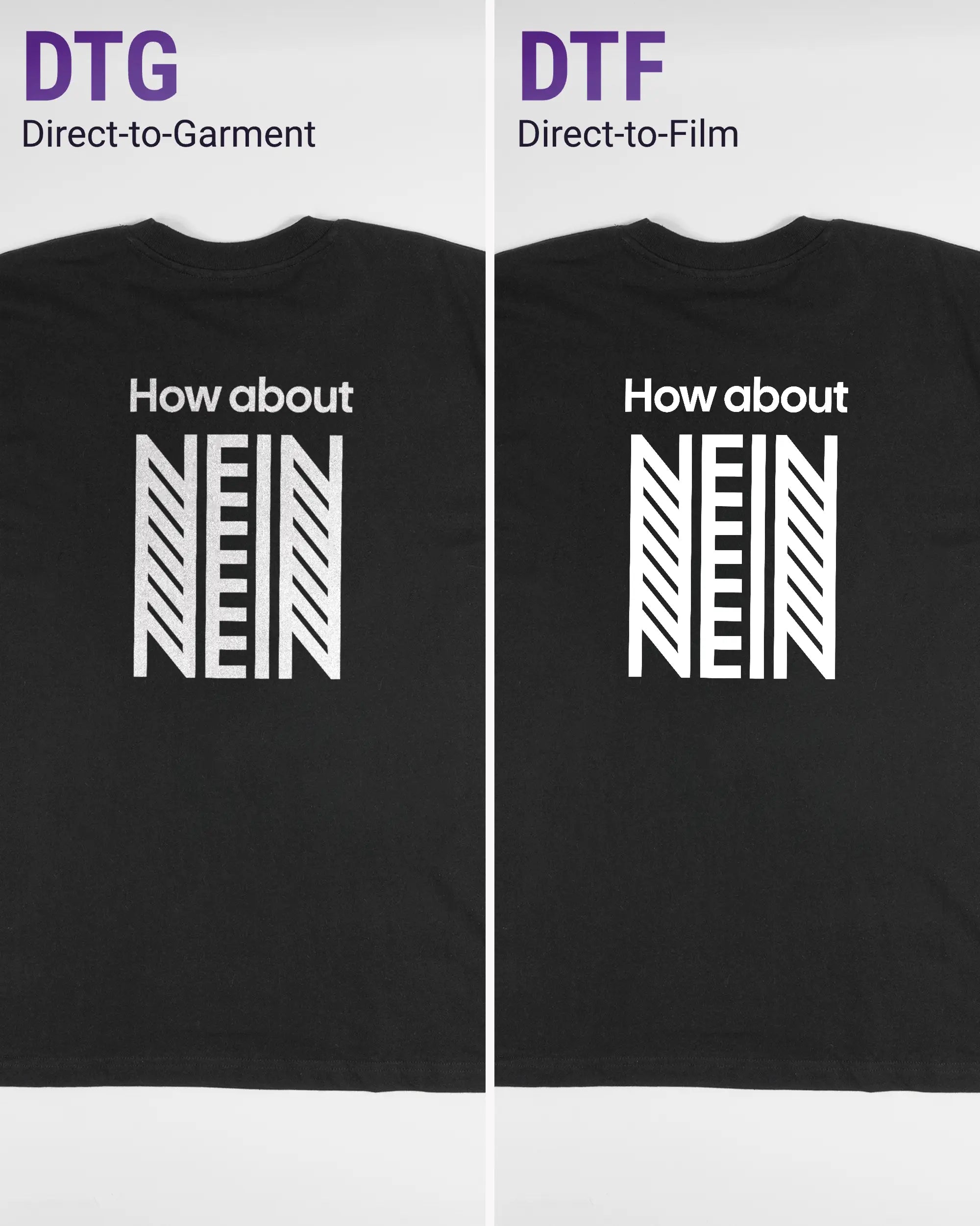 Vergleich der Rückseiten des Basic Unisex T-Shirt Oversized von Maondo mit dem Design How about nein in der Farbe Black und in der Größe L links mit dem Direct-to-Garment und rechts mit dem Direct-to-Film Verfahren