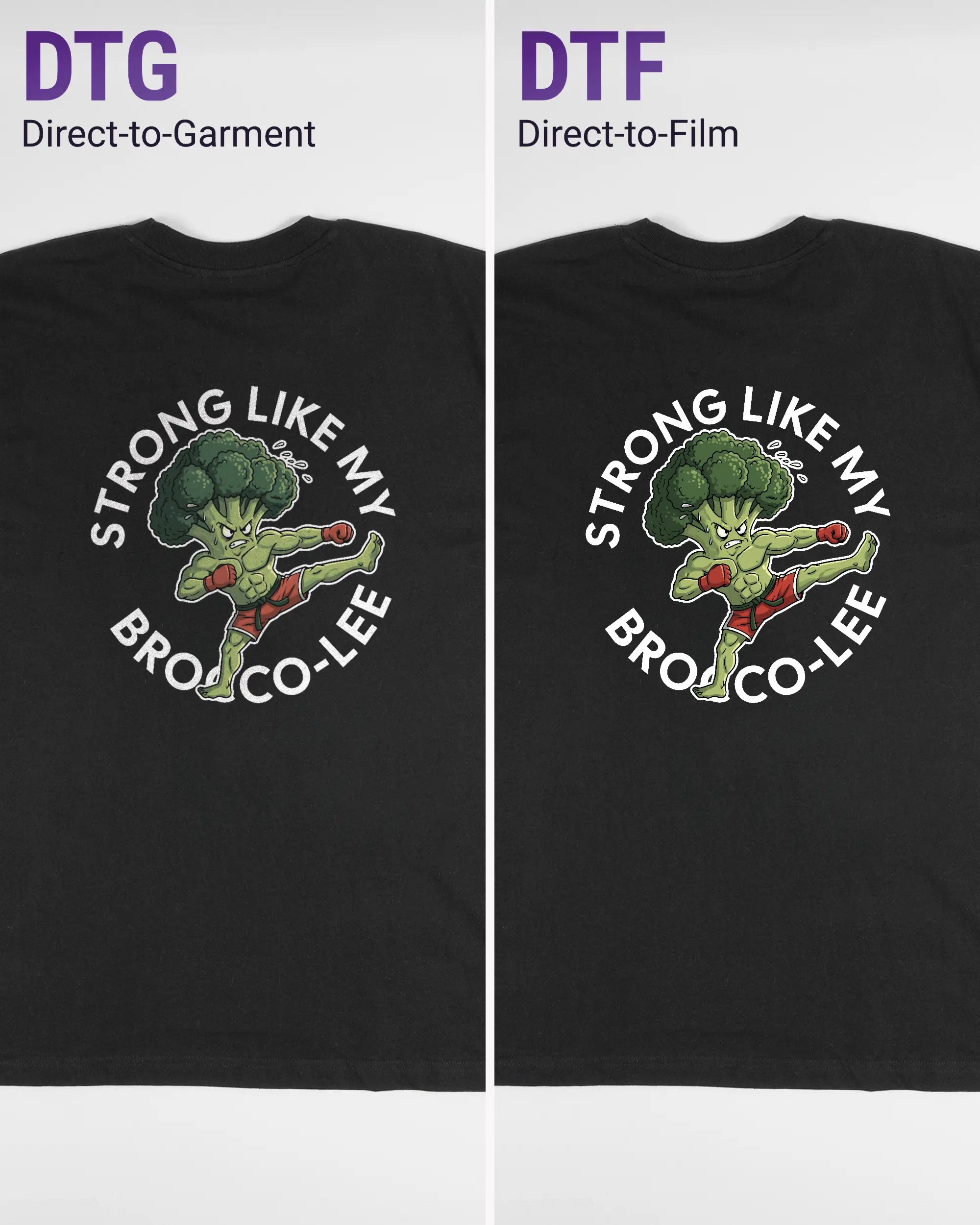 Vergleich der Rückseiten des Basic Unisex T-Shirt Oversized von Maondo mit dem Design Brocco-Lee in der Farbe Black und in der Größe L links mit dem Direct-to-Garment und rechts mit dem Direct-to-Film Verfahren