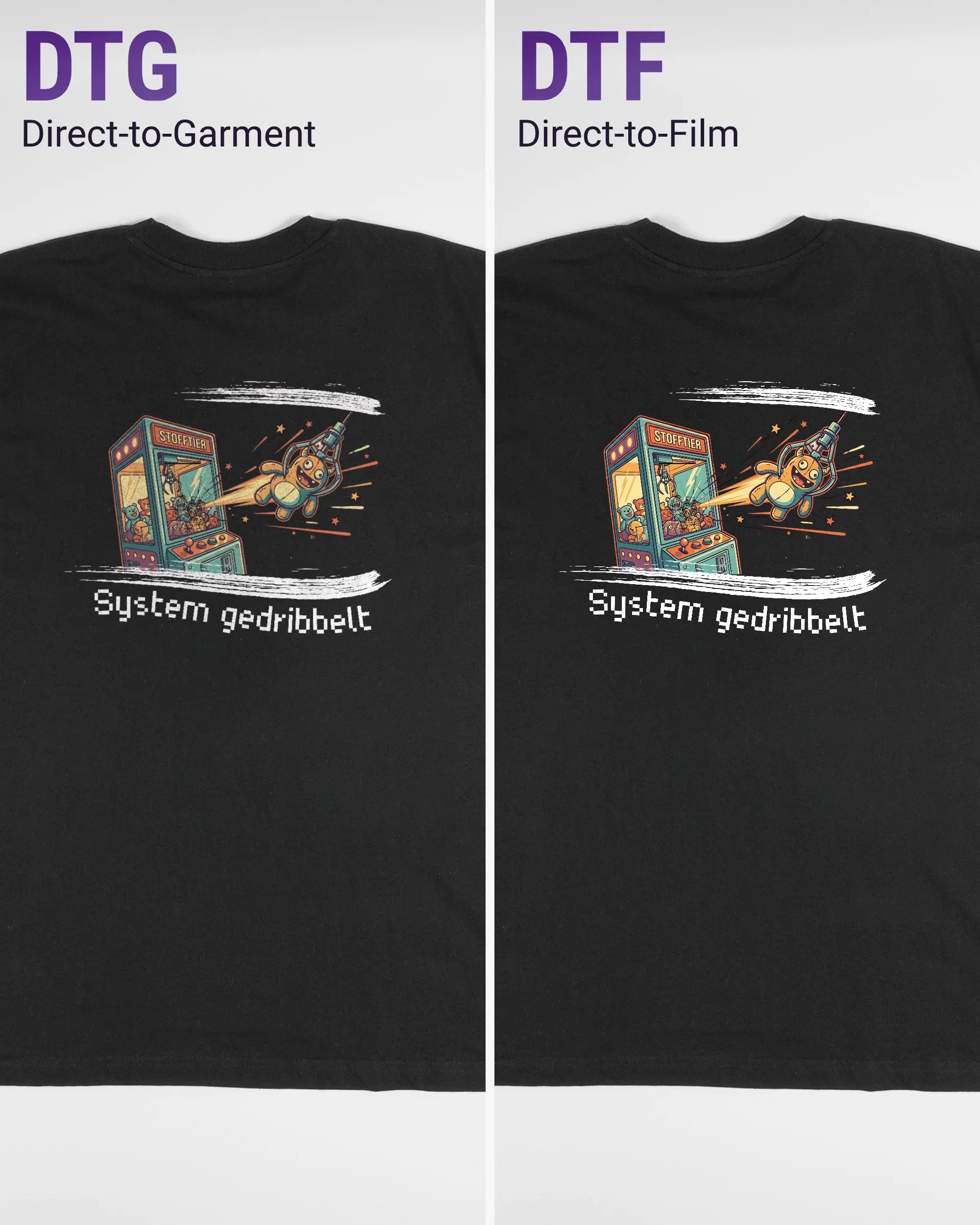 Vergleich der Rückseiten des Basic Unisex T-Shirt Oversized von Maondo mit dem Design System gedribbelt in der Farbe Black und in der Größe L links mit dem Direct-to-Garment und rechts mit dem Direct-to-Film Verfahren