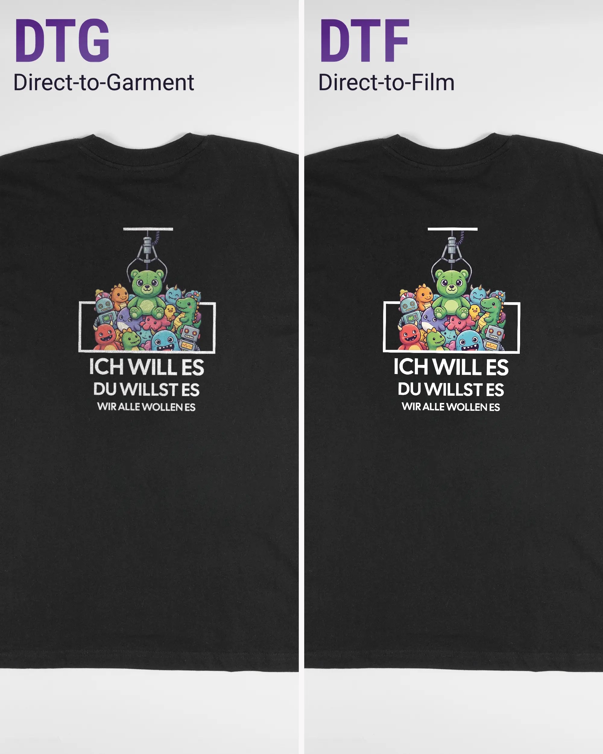 Vergleich der Rückseiten des Basic Unisex T-Shirt Oversized von Maondo mit dem Design Will Stofftier in der Farbe Black und in der Größe L links mit dem Direct-to-Garment und rechts mit dem Direct-to-Film Verfahren